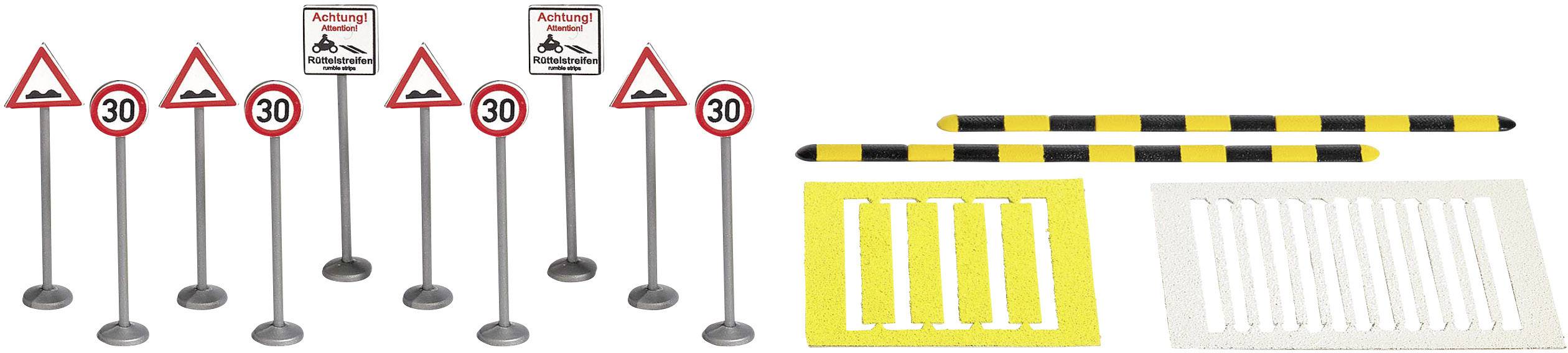 Straßenschilder und Verkehrshindernisse in Miniaturformat, darunter Geschwindigkeitsbeschränkungen und Hinderniswarnungen.