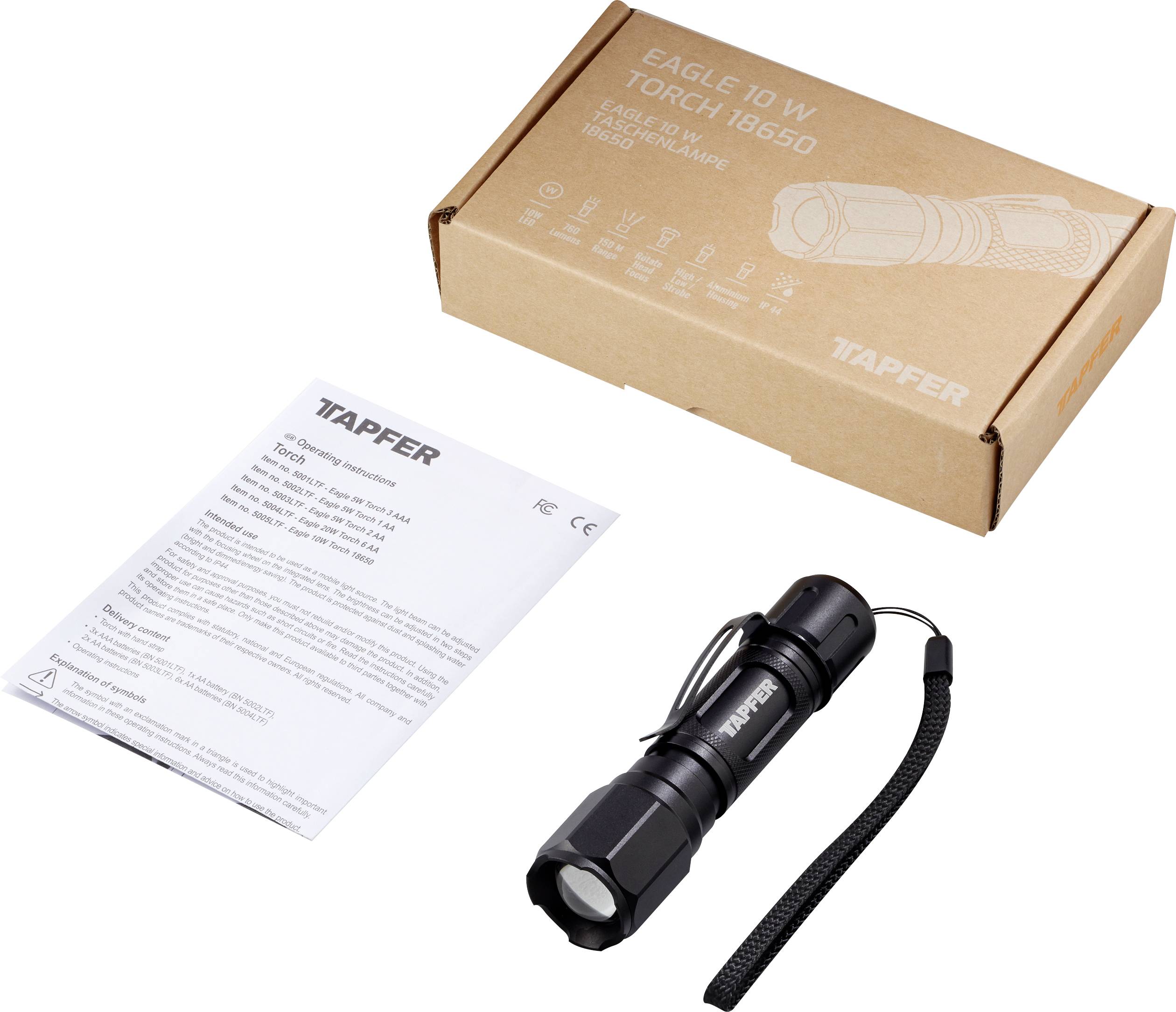 Tapfer 5005LTF LED Taschenlampe Einstellbare Punktgröße, mit Gürtelclip akkubetrieben 760lm 89g