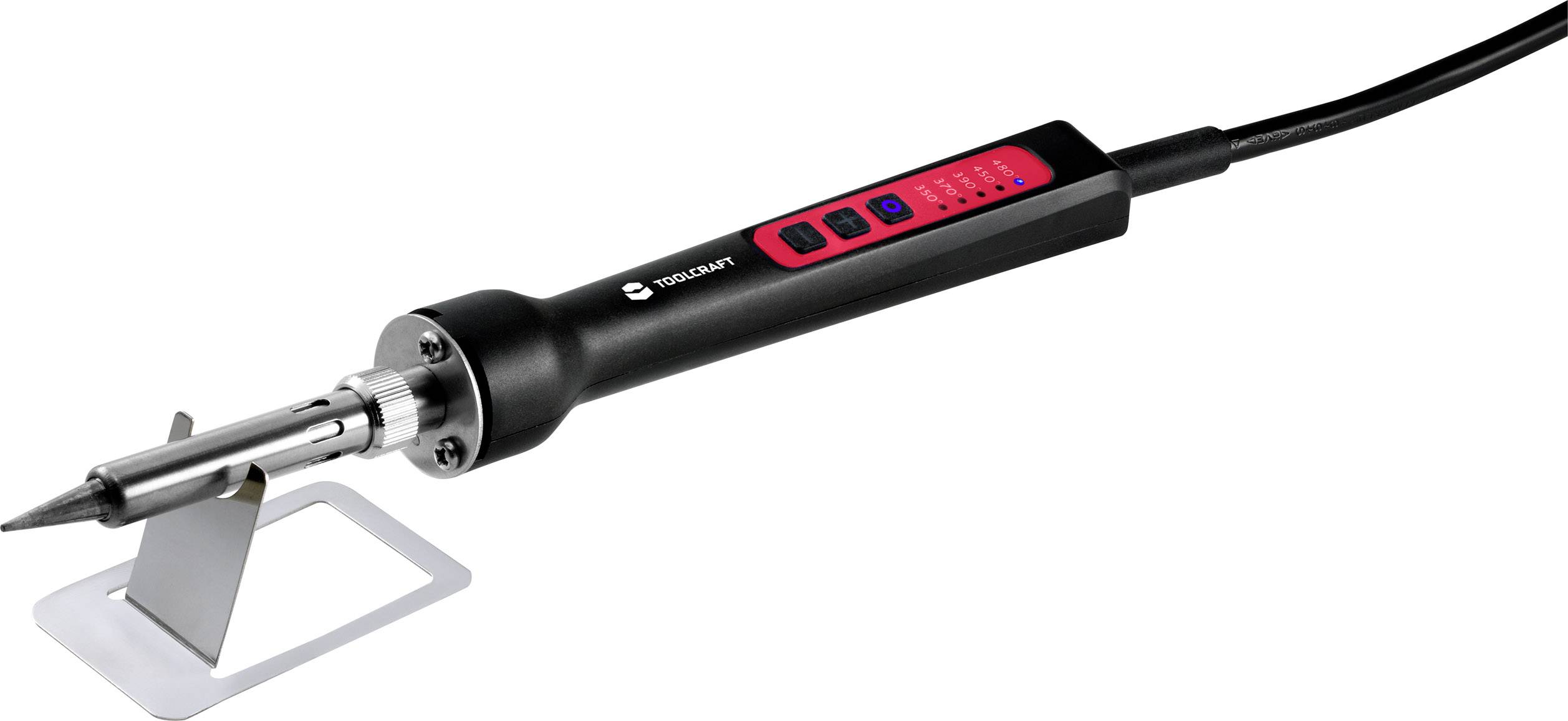 Elektrischer Lötkolben mit digitaler Temperaturanzeige und Ständer, verwendet zum Löten von elektronischen Bauteilen.