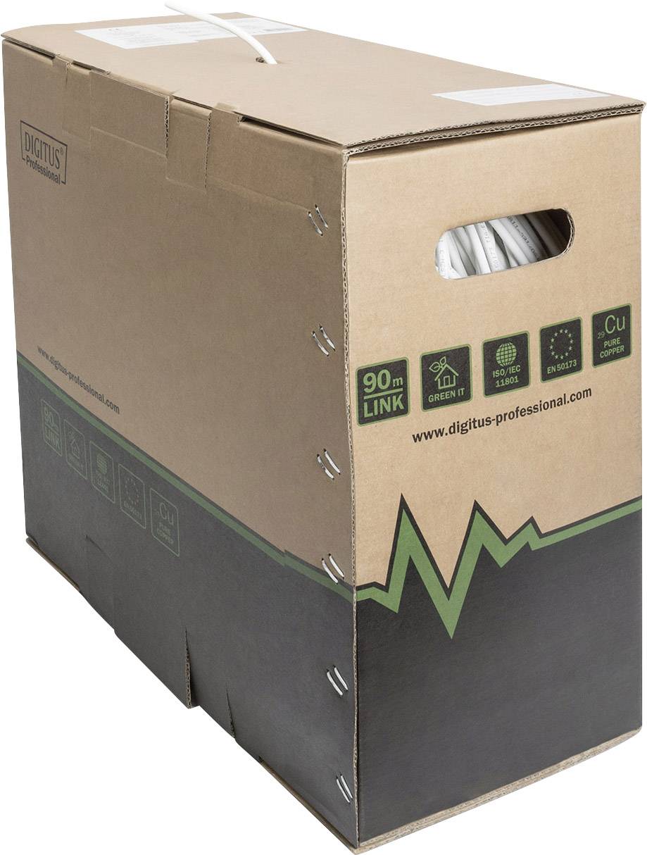 Kartonverpackung mit Kabelrolle, Aufschriften wie '90m LINK', 'GreenIT', und Symbolen für Recycling, Herstelleradresse seitlich.