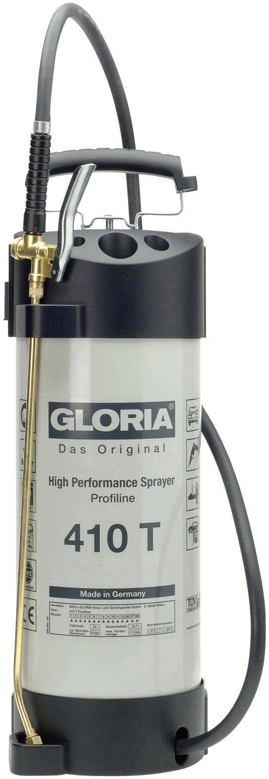 Drucksprüher Gloria 410 T, silber/schwarz, mit Pumpenhebel und Sprühlanze, ideal für verschiedene Sprühanwendungen, hergestellt in Deutschland.