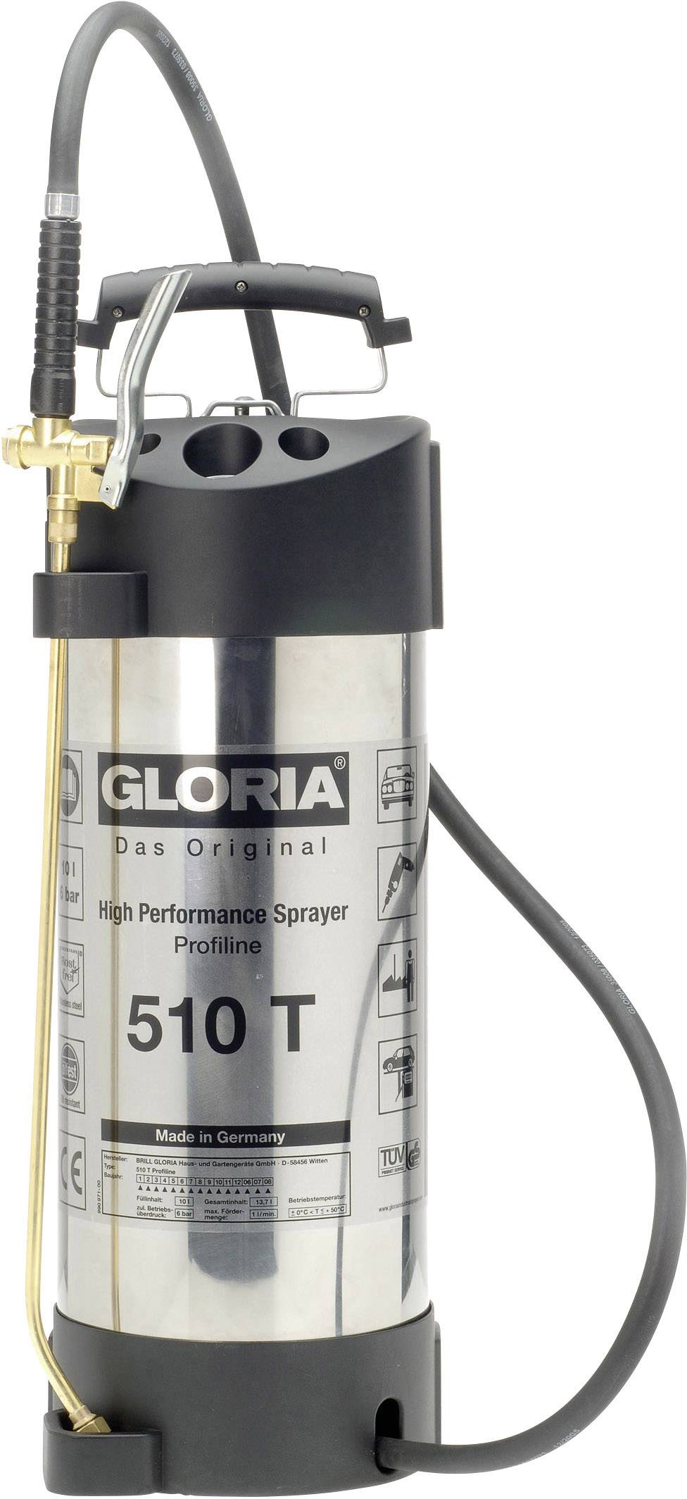 Hochleistungs-Drucksprüher von Gloria, Modell 510 T, aus Edelstahl mit Manometer, geeignet für professionelle Anwendungen.