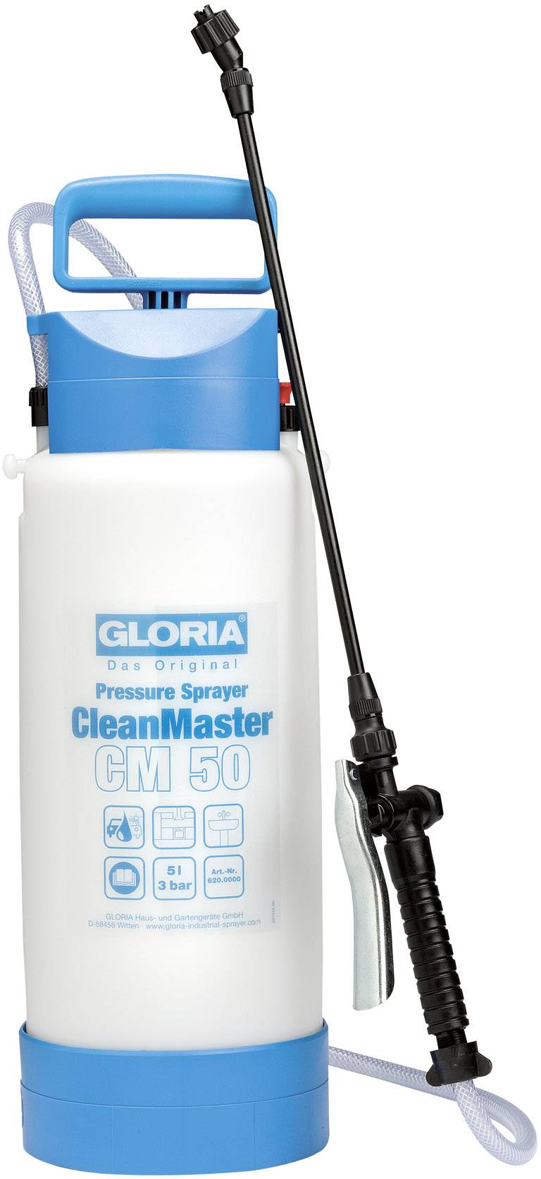 Hand-Drucksprüher mit langem Schlauch und blauer Basis, Modell 'CleanMaster CM 50'. Eignet sich für Reinigungszwecke.
