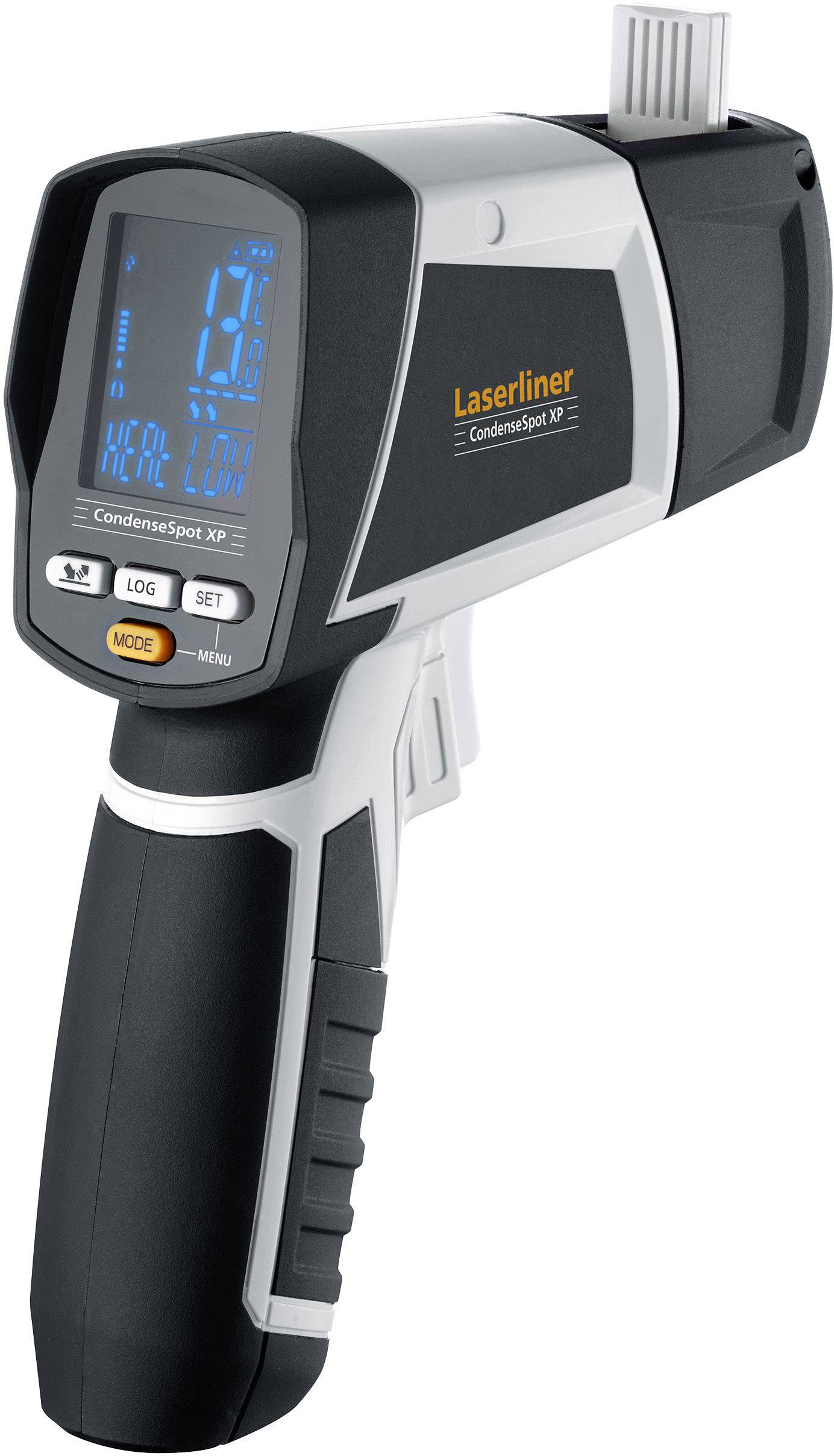 Ein Infrarot-Thermometer mit LCD-Display und mehreren Bedienungstasten, angezeigt in einer schrägen Seitenansicht.