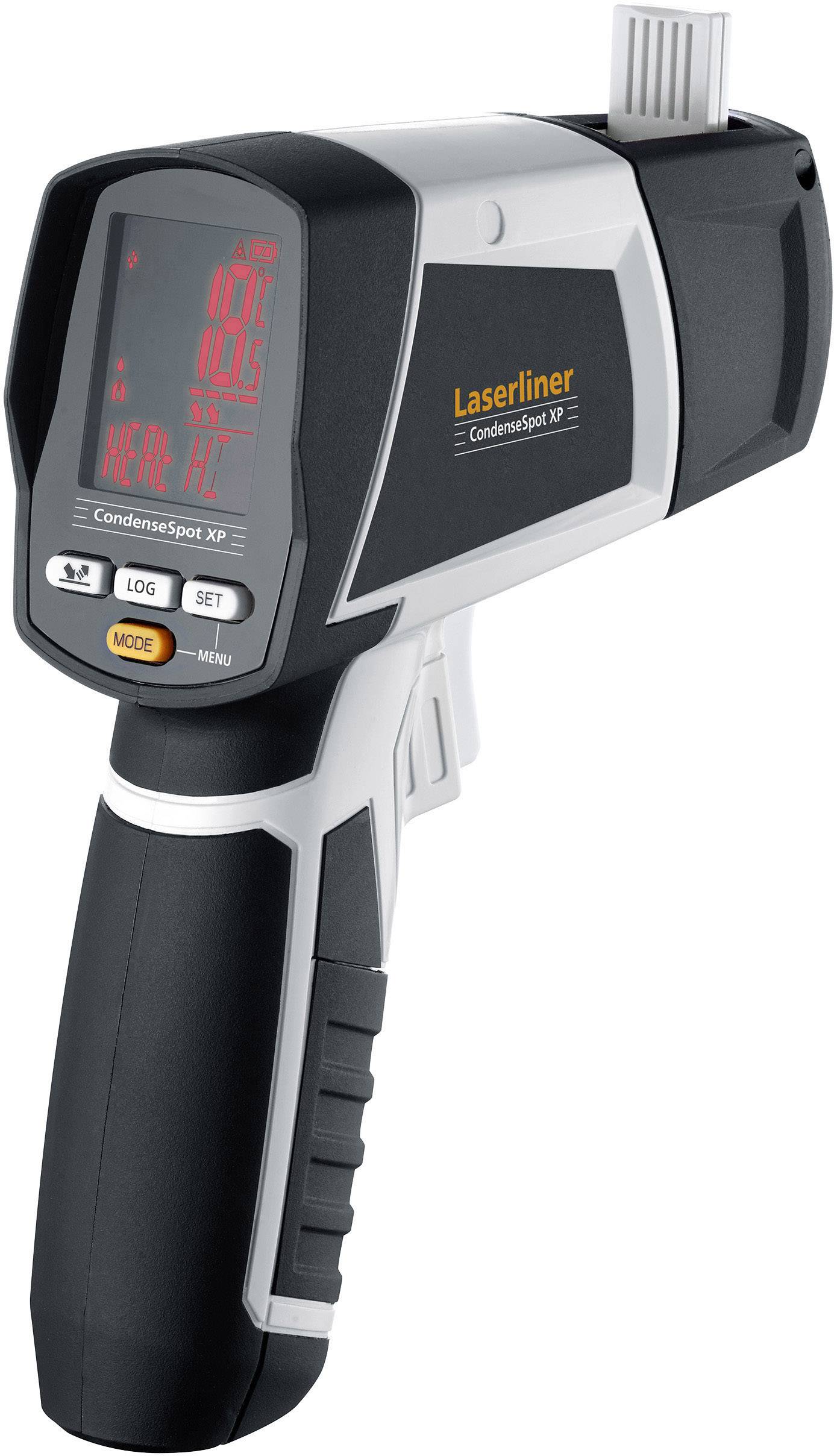 Handgerät zur Messung von Temperatur und Luftfeuchtigkeit, mit digitalem Display und Tastknöpfen für verschiedene Einstellungen.