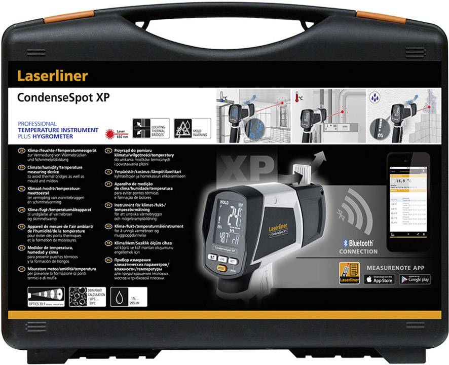 'Laserliner CondenseSpot XP': Professionelles Temperaturmessgerät mit Hygrometer. Bild zeigt Messgerät und Smartphone-App-Verbindung.