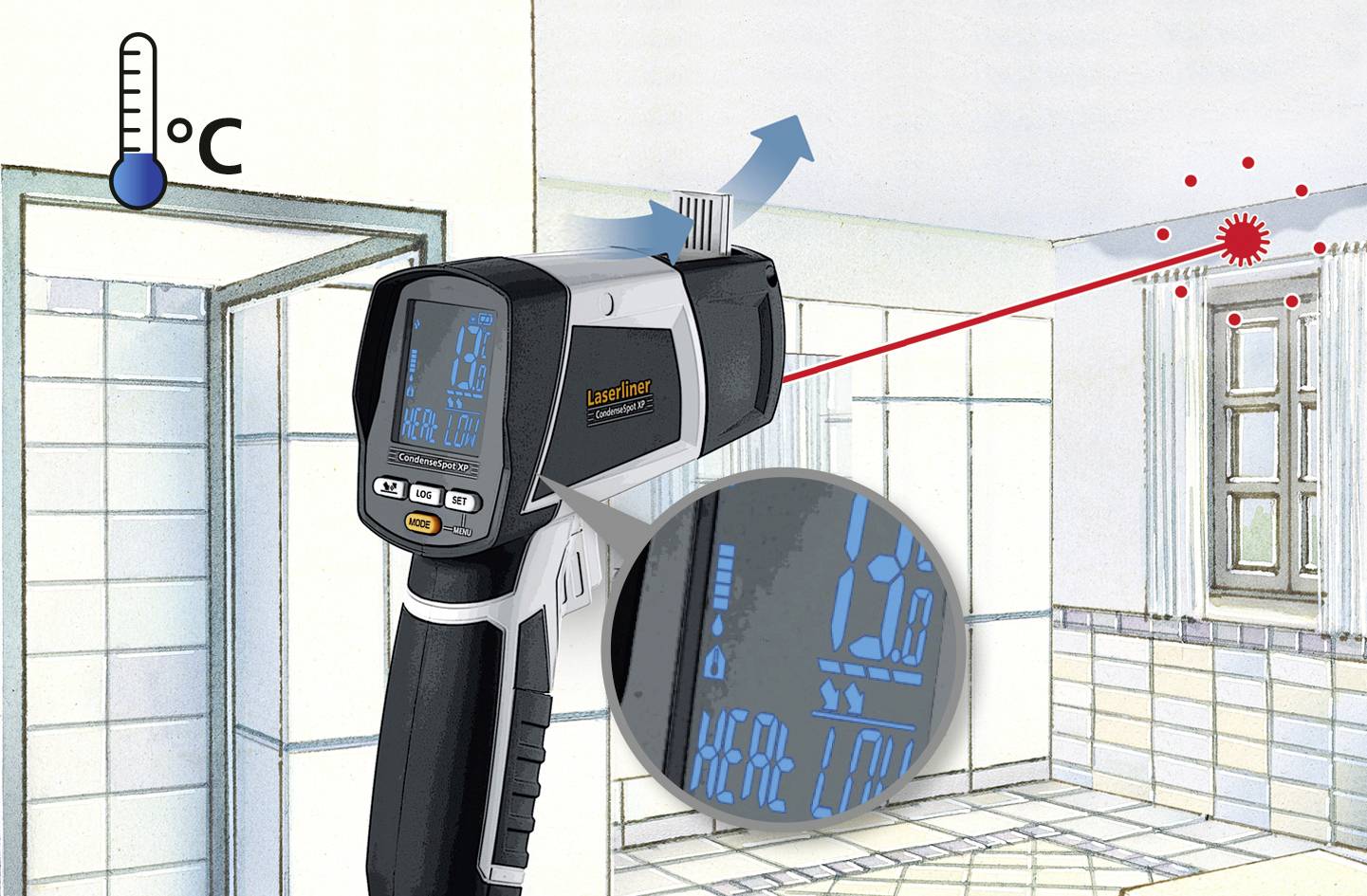Ein Infrarot-Thermometer misst die Temperatur an einer Wand. Ein Laserstrahl zeigt den Messpunkt an. Bildschirm zeigt 20°C.
