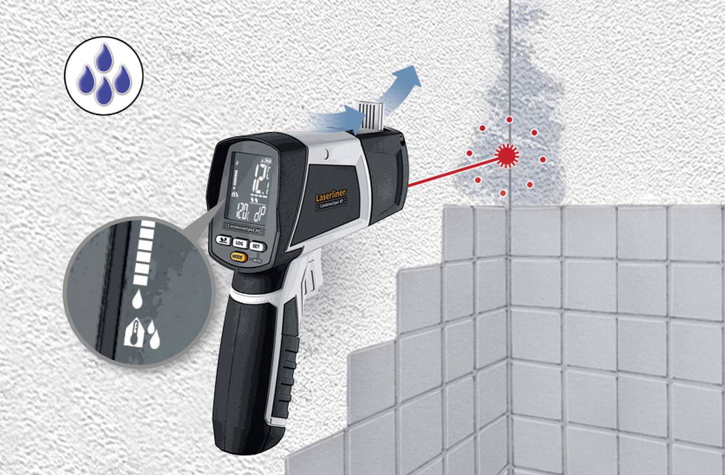 Ein digitales Feuchtigkeitsmessgerät zeigt an einer weißen Wand mit roten Laserpunkten den Feuchtigkeitsgehalt an. Piktogramme verdeutlichen Messung.