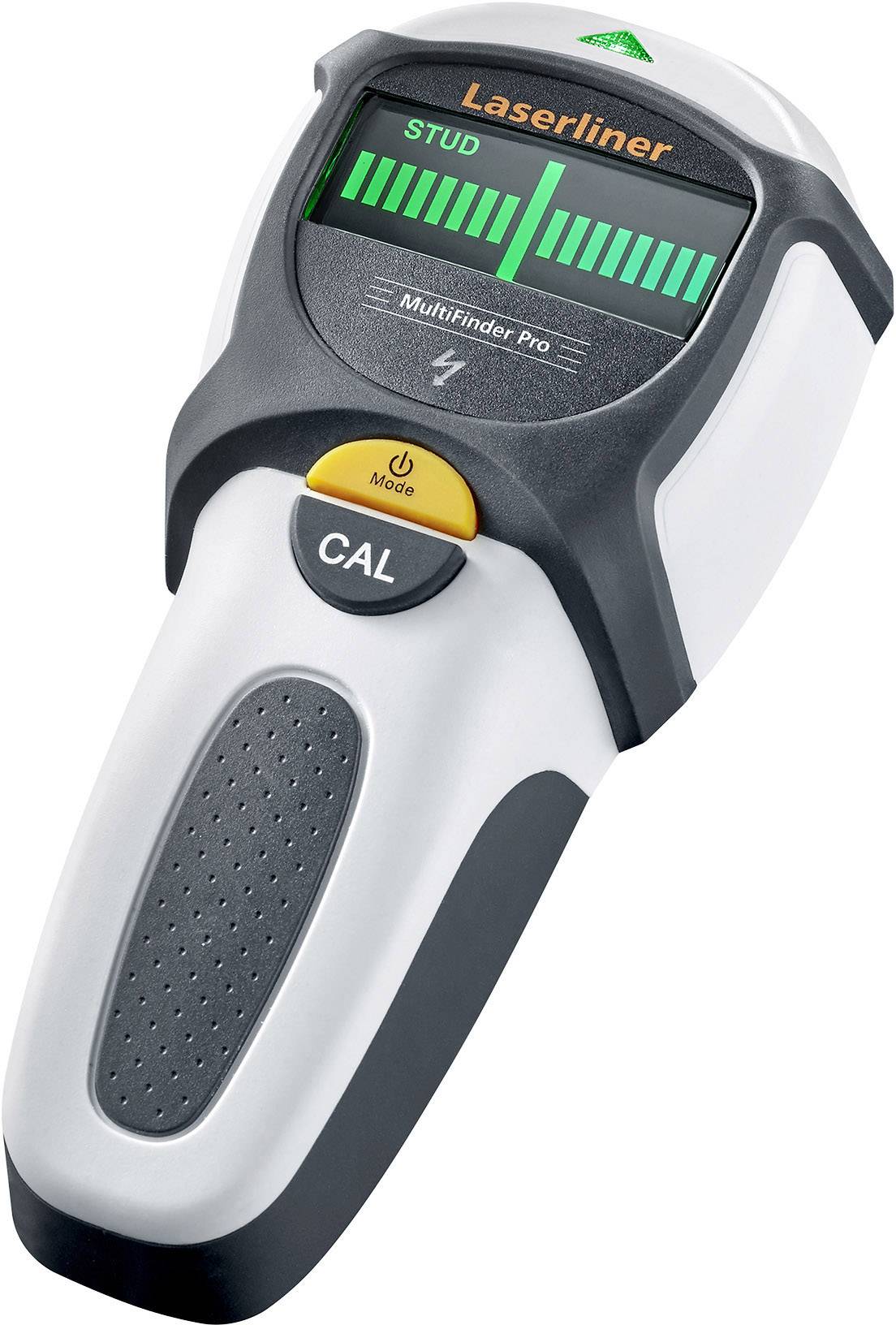 Ein digitales Ortungsgerät zeigt an, dass Metall unter der Oberfläche gefunden wurde. Bildschirm zeigt 'STUD' an. Ideal für Heimwerker.