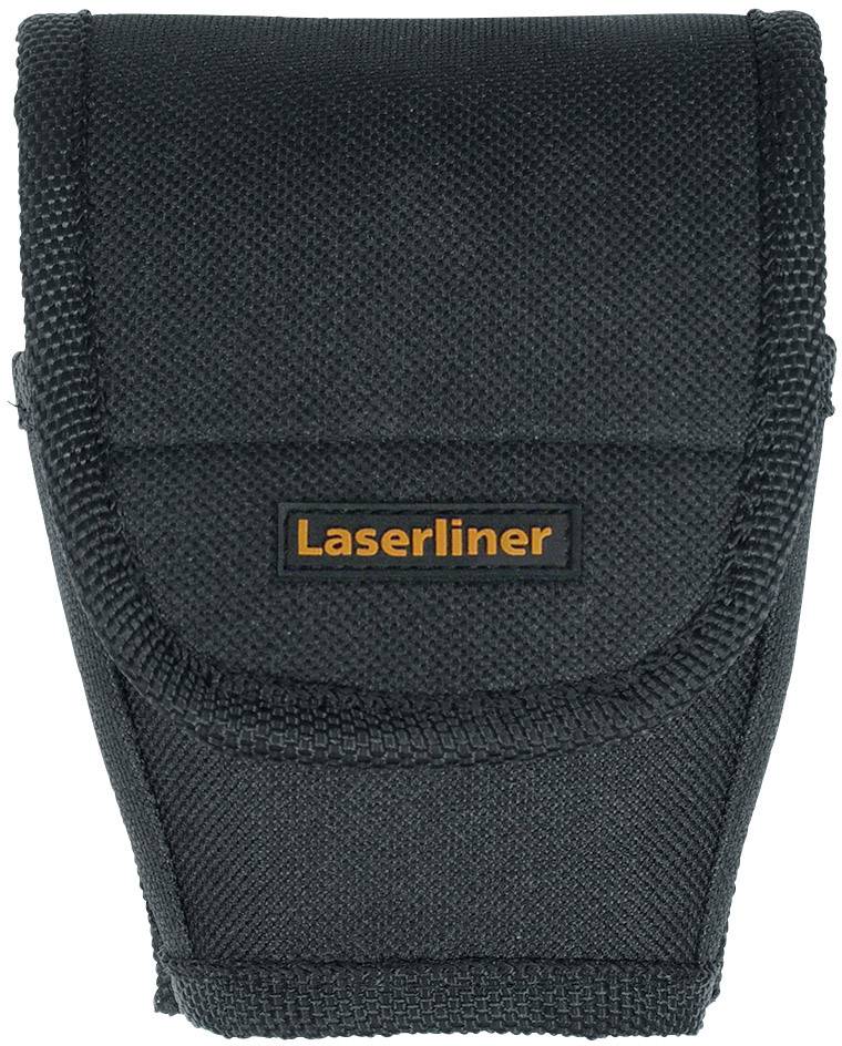 Schwarze Tasche mit Klettverschluss und Label 'Laserliner' auf der Vorderseite, geeignet für Werkzeuge oder Messgeräte.