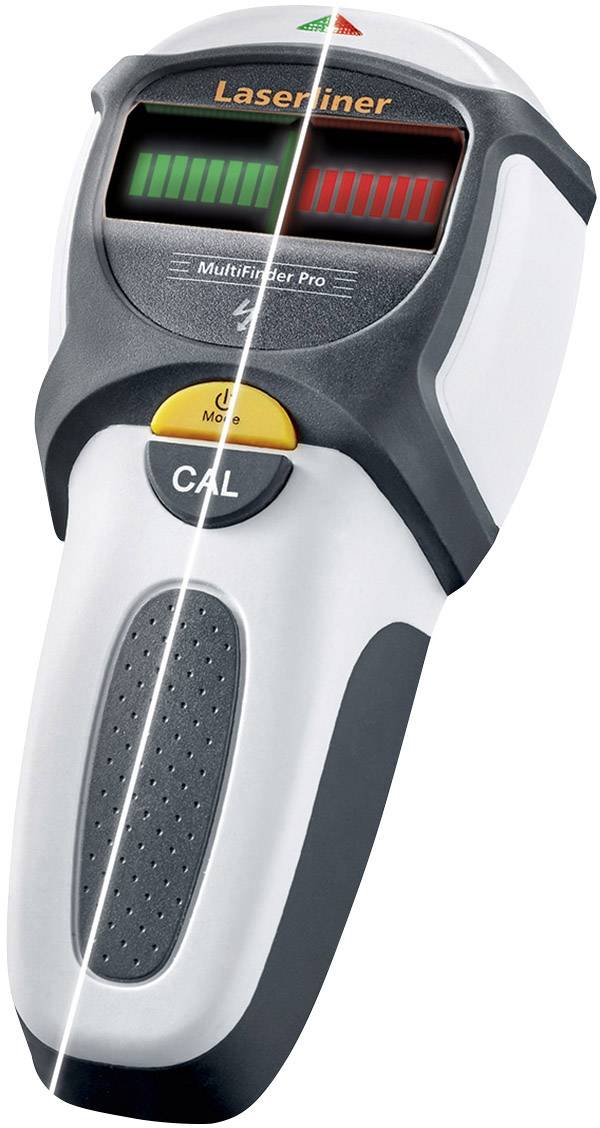 Ein digitaler Detektor mit LCD-Display zeigt Messwerte an. Er hat Tasten zur Kalibrierung und zum Moduswechsel, um Materialien zu erkennen.