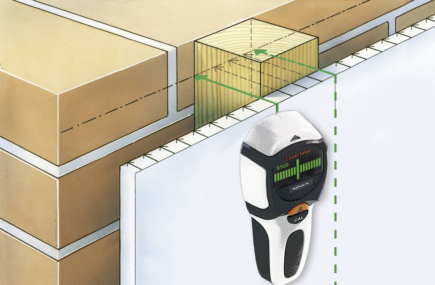 Ein digitales Messgerät zeigt die Position eines Balkens hinter einer Wand an, der durch eine grüne Linie markiert ist.