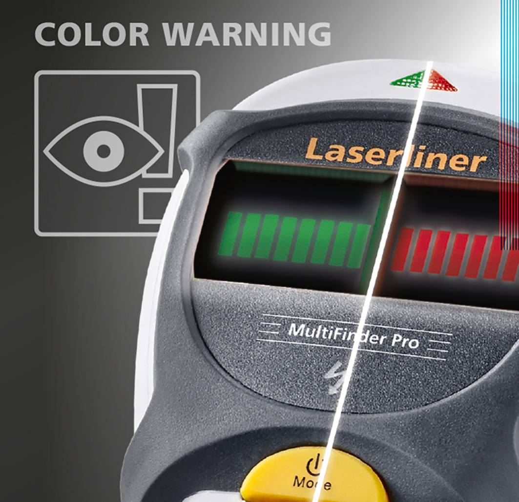 Ein digitales Messgerät mit Balkenanzeige zur Erkennung von Metall und Kabeln. Eine Augen-Symbolwarnung zeigt Farbänderungen an.