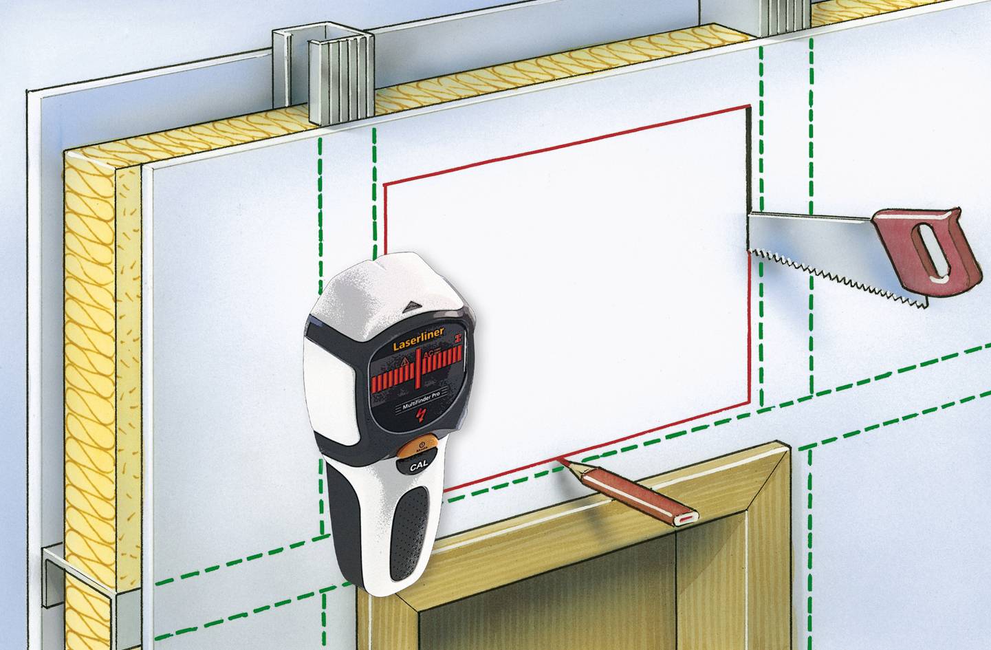 Schaubild zur Installation einer Steckdose in einer Wand mit einem digitalen Werkzeug zur Erkennung von Hindernissen.