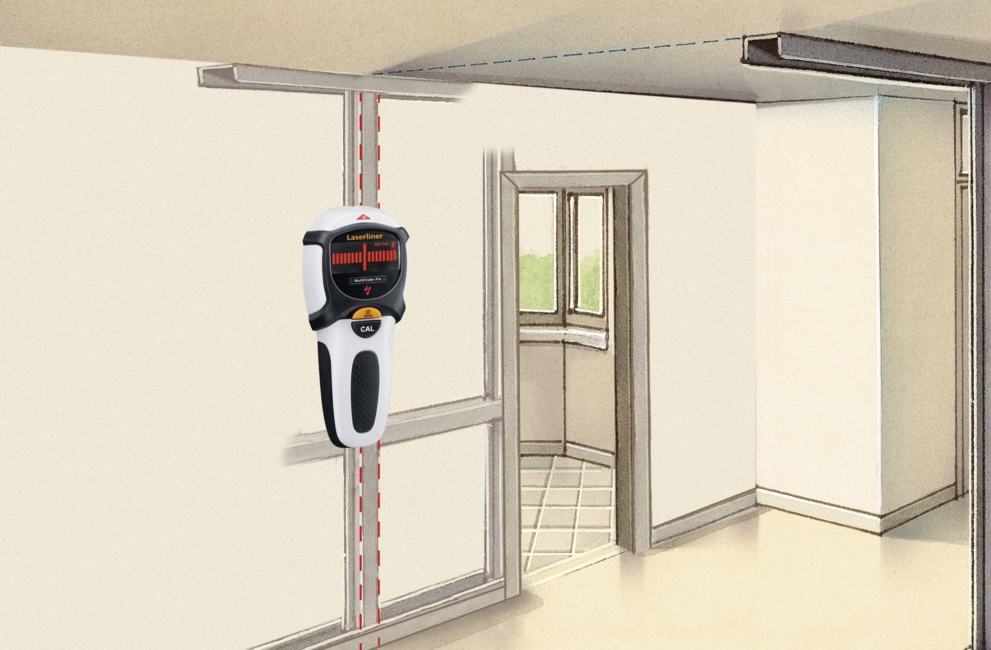 Illustration eines Wanddetektors, der eine Kabelverbindung in einer Wand lokalisiert und im Display anzeigt, mit Zimmerhintergrund.