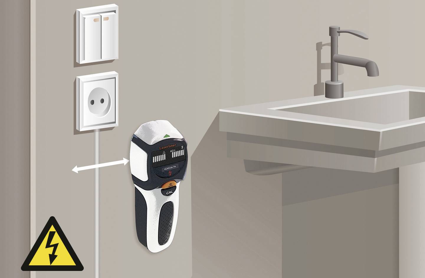 Elektrorasierer an Steckdose im Badezimmer, mit gelbem Warnzeichen für Strom. Hinweis auf Sicherheitsrisiko durch falsche Platzierung.