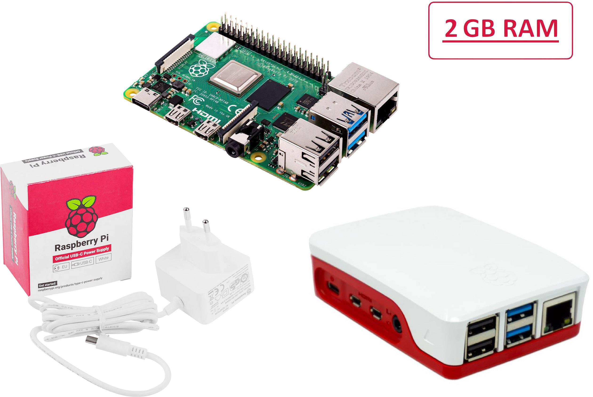 Raspberry Pi Set mit 2 GB RAM: Platine, weiß-rotes Gehäuse, Netzteil und Verpackung mit Raspberry-Logo. Perfekt für Elektronikprojekte.