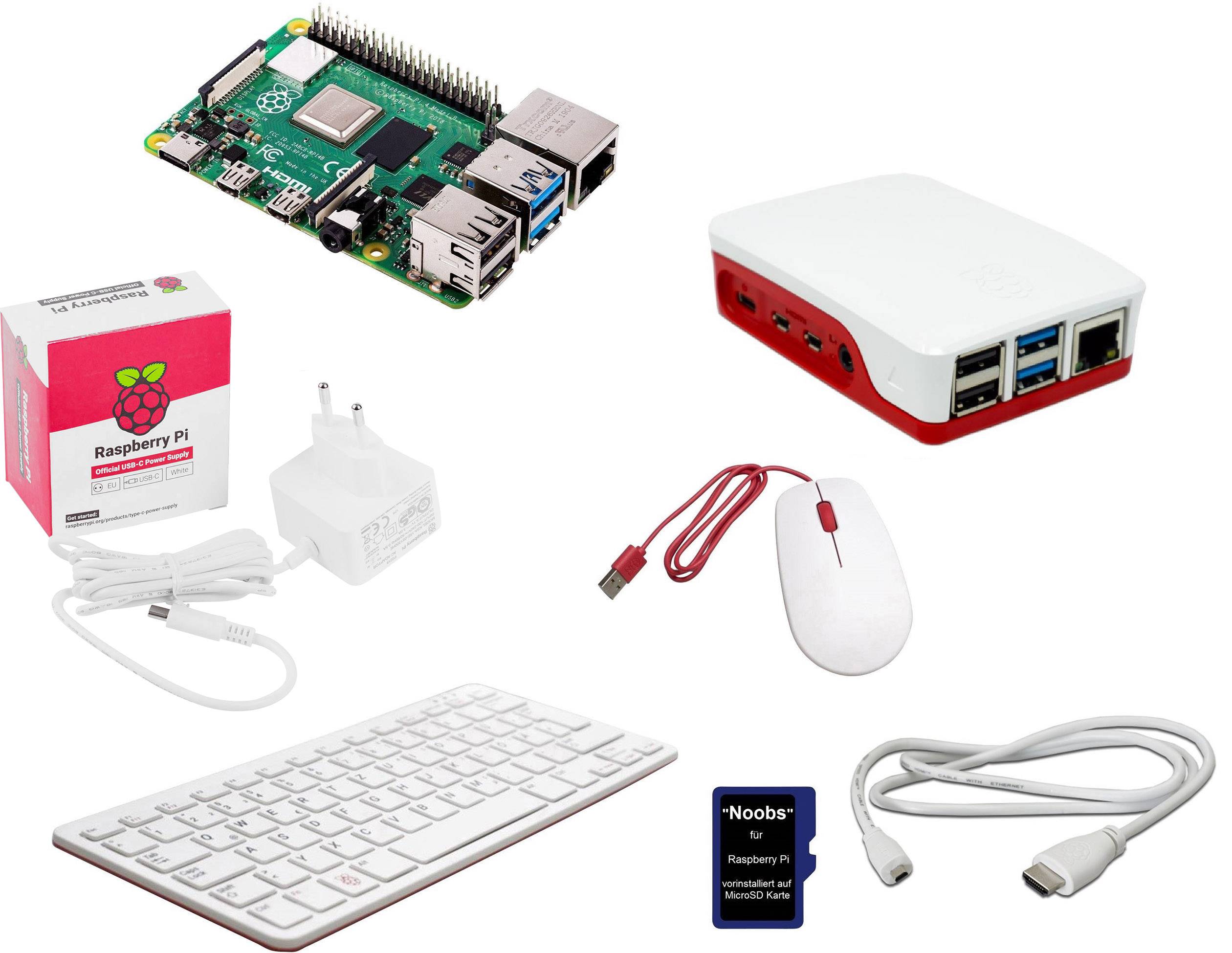Ein Raspberry Pi-Set mit Mainboard, Gehäuse, Netzteil, Maus, Tastatur, HDMI-Kabel und MicroSD-Karte.