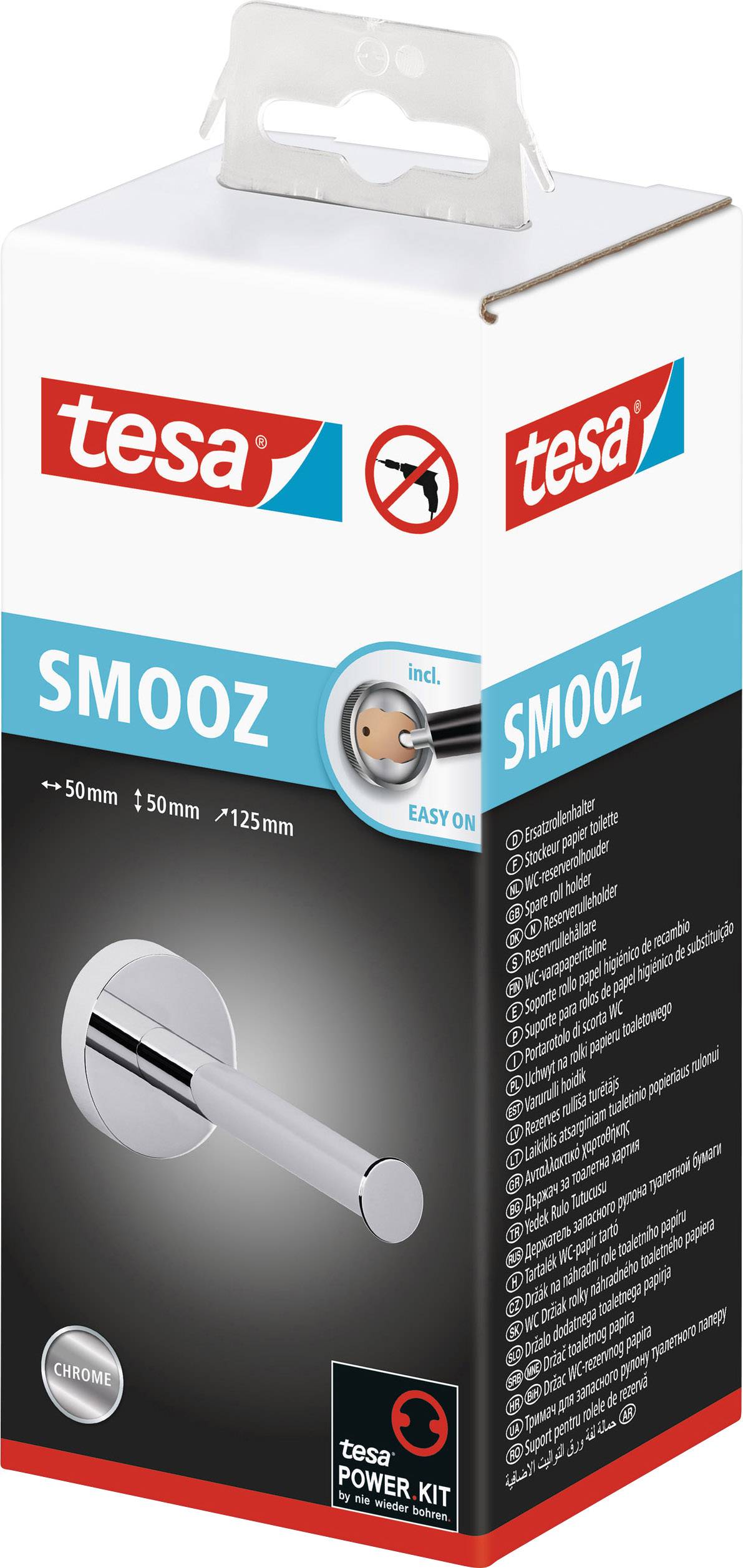 Verpackung eines tesa Smooz Handtuchhalters mit Easy-On-Montage, silberfarben, inklusive tesa Power.Kit, Größe: 50 mm.