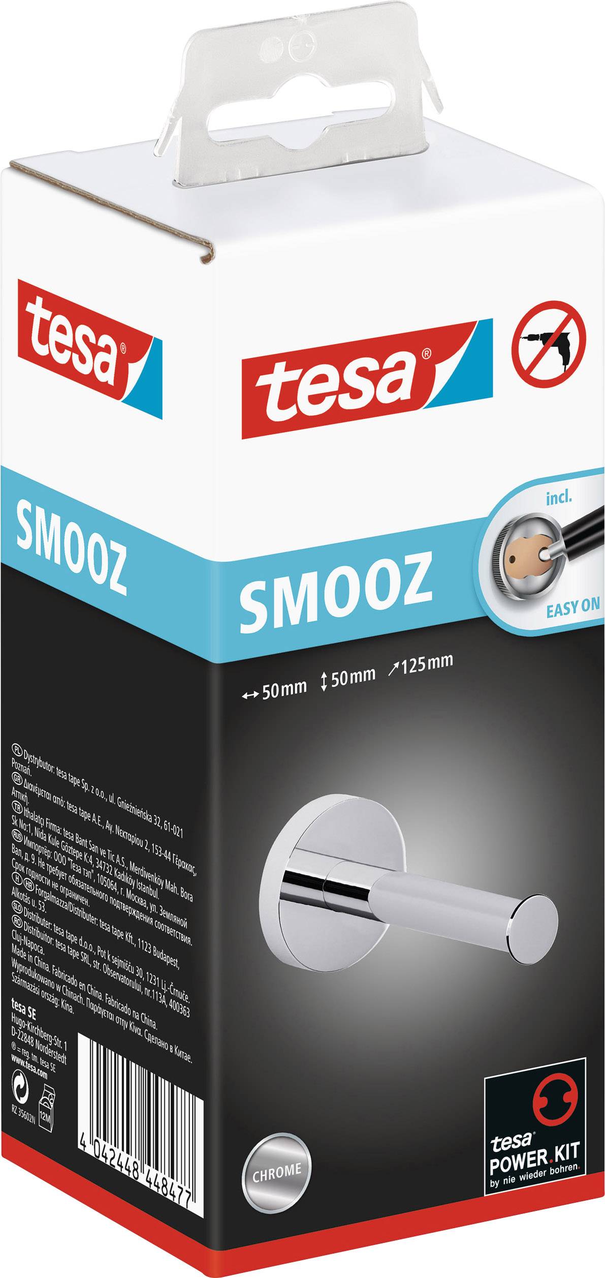 Verpackung eines tesa SMOOZ Handtuchhalters in Chrom-Optik. Zeigt Produktabbildung und Markenzeichen. Einfache Montage ohne Bohren.