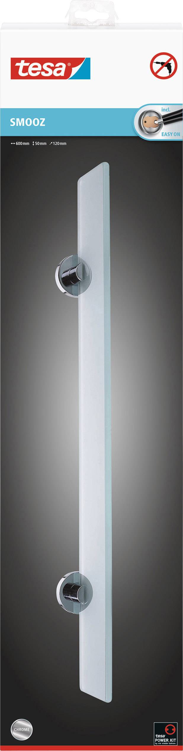 Verpackung eines Tesa-Produktes namens SMOOZ. Beinhaltet ein Glas-Duschregal mit zwei Halterungen, geeignet für Badezimmer.