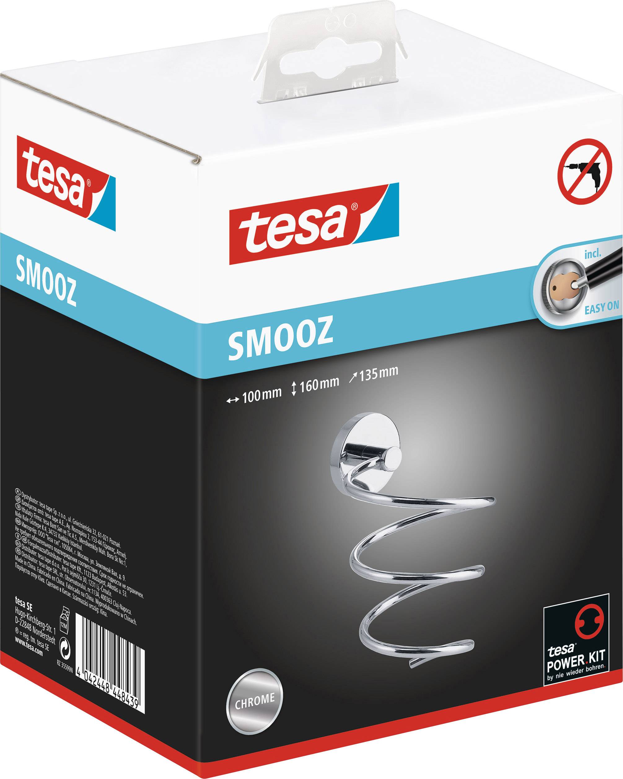 Verpackung eines Tesa Smooz Handtuchhalters in Chrom, mit Abmessungen 100 x 160 x 135 mm. Produktabbildung und Markenlogo sichtbar.