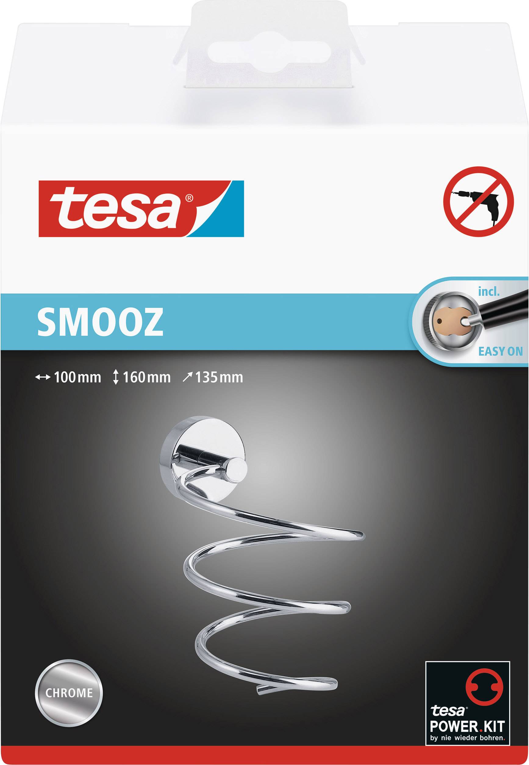 Chromfarbener Spiralförmiger Handtuchhalter von 'tesa' auf der Produktverpackung abgebildet. Einfache Montage ohne Bohren.
