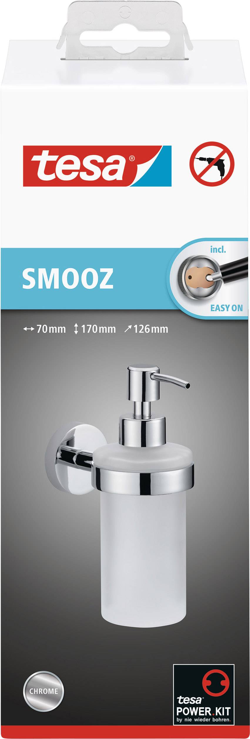 Seifenspender aus Glas mit Chrom, inklusive einfacher Wandmontageanleitung, Abmessungen 70x170x126mm, Marke tesa.