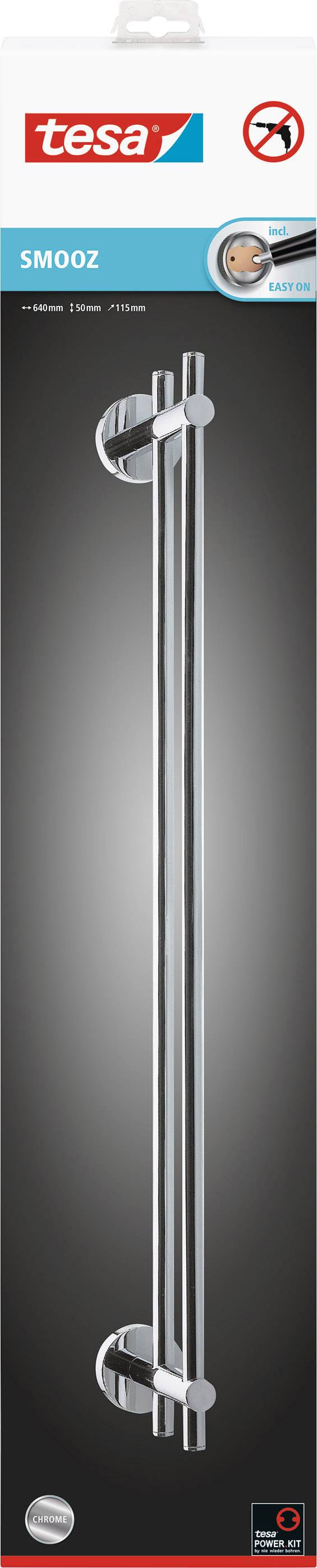 Verpackung eines Tesa-Handtuchhalters, Modell SM002, in glänzendem Chrom-Design, einfache Montage ohne Bohren erforderlich.