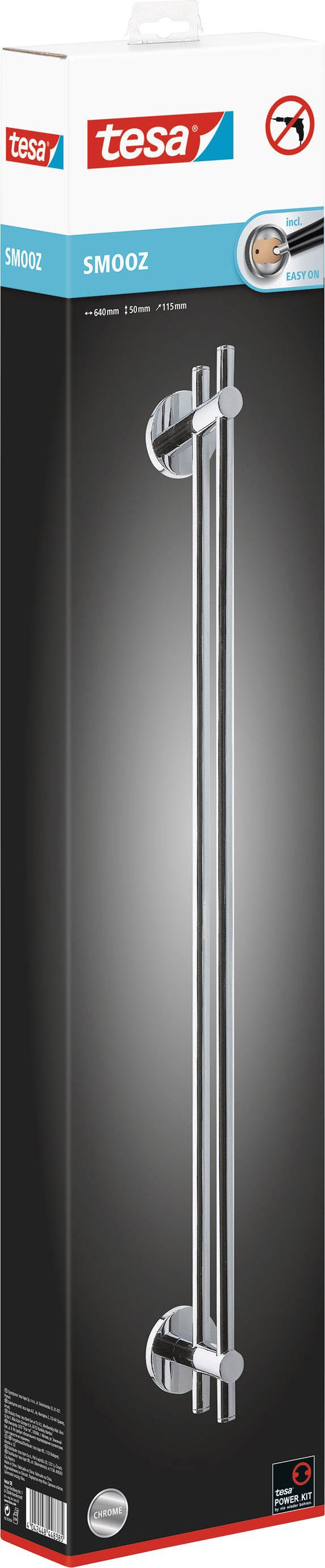 Verpackung von 'tesa Smooz' Handtuchhalter, selbstklebend, abgebildet mit Produktfoto. Geeignet für einfache Installation ohne Bohren.