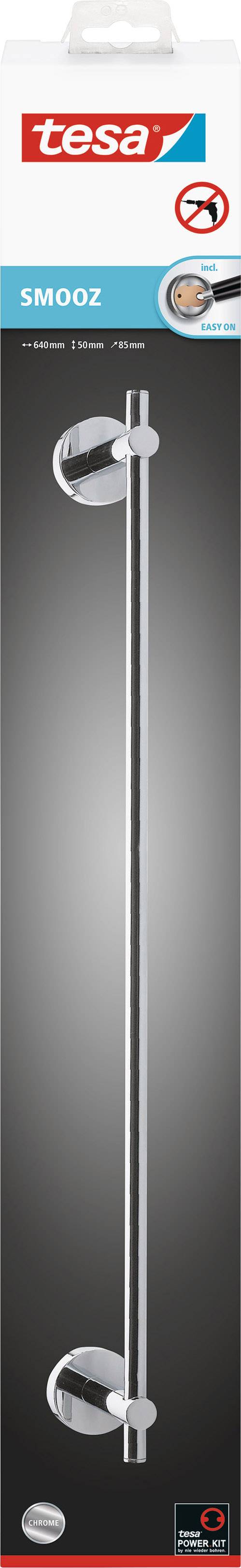 Duschstange aus Edelstahl der Marke Tesa, Modell Smooz, präsentiert in Verpackung mit Bild der Stange, geeignet zur Wandmontage.