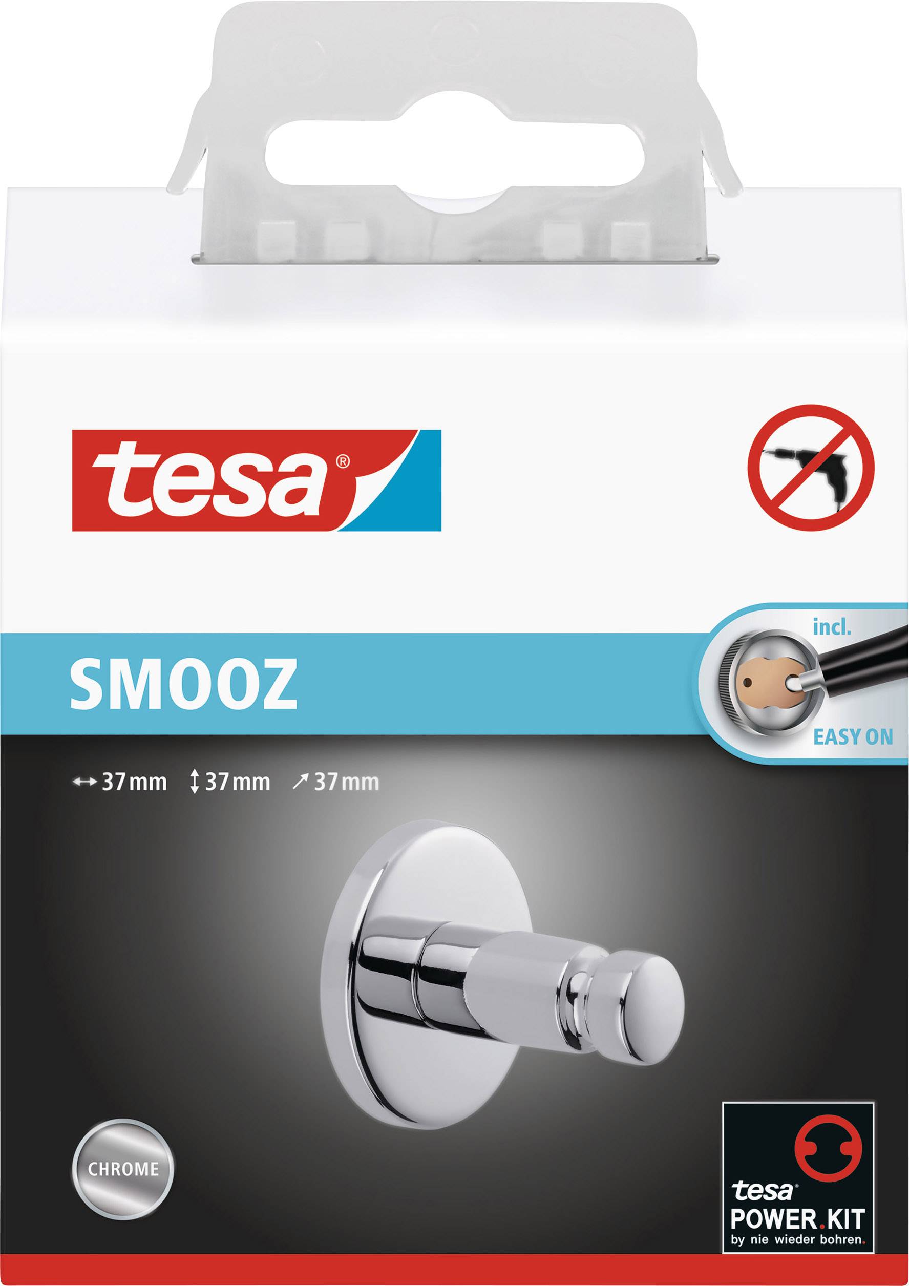 'Tesa' Klebehaken SMOOZ, Chrom, 37mm, mit Easy-On- und Power Kit-Technologie, verpackt in einer weißen Schachtel.
