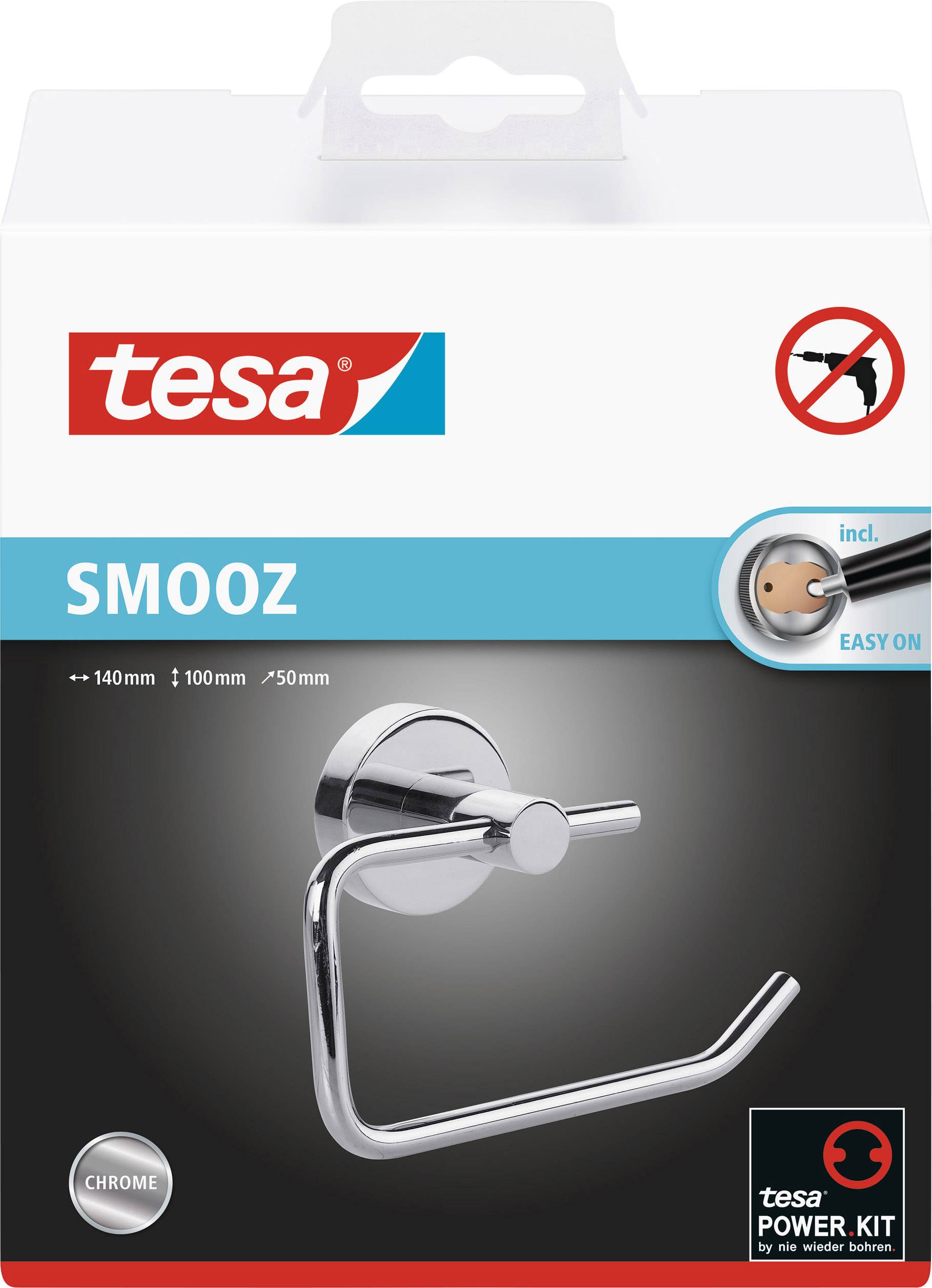 Verpackung eines verchromten Toilettenpapierhalters von Tesa, Modell SMO0Z, mit Power Kit zur einfachen, bohrlosen Montage.