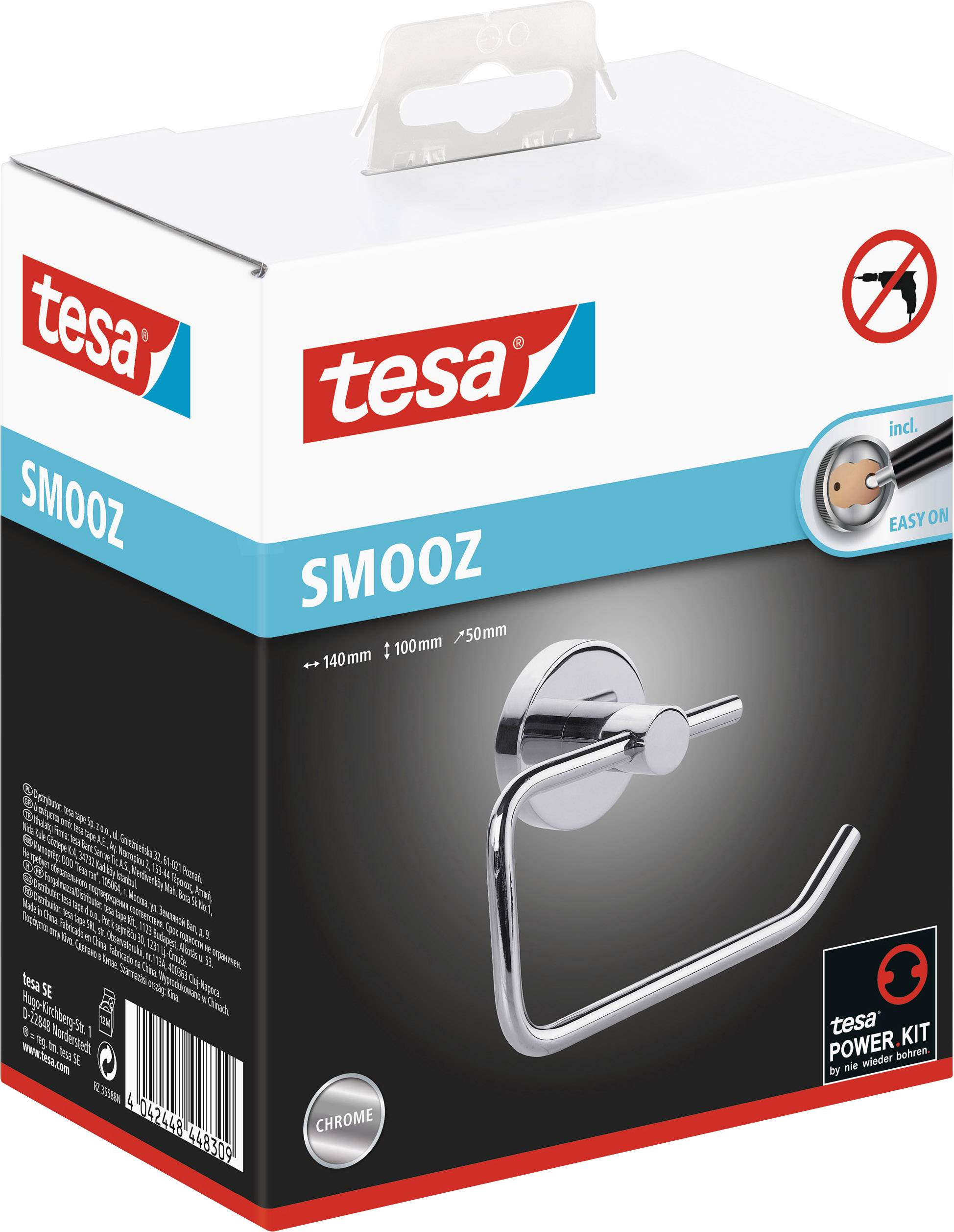 Verpackung eines Tesa SMOOZ Toilettenpapierhalters. Enthält Power.Kit für einfache Befestigung, ohne Bohren. Chrom-Optik.