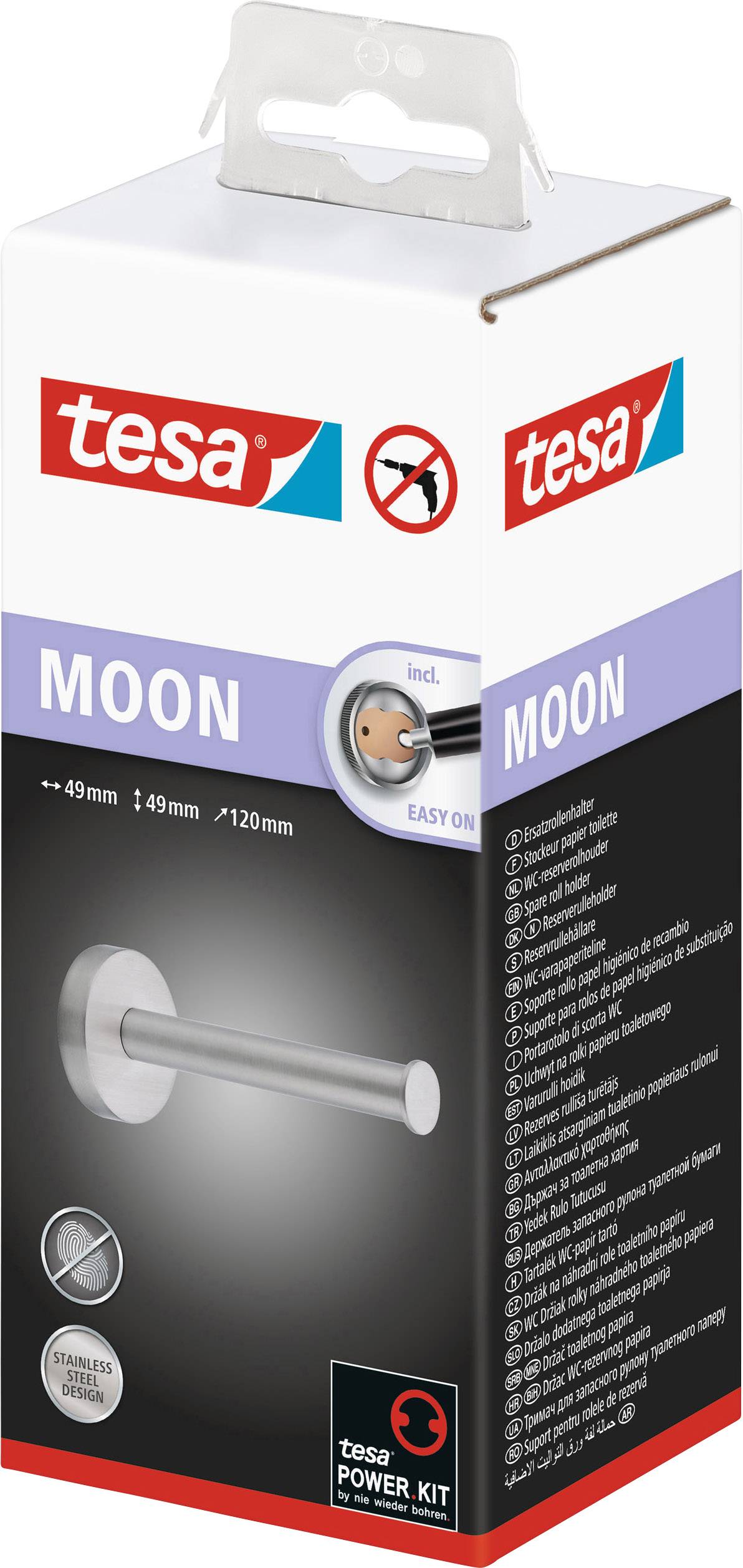 Verpackung eines Tesa Power.Kit MOON Handtuchhalters, zeigt ein silbernes Wandmontage-Design, Montage ohne Bohren, inkl. Zubehör.