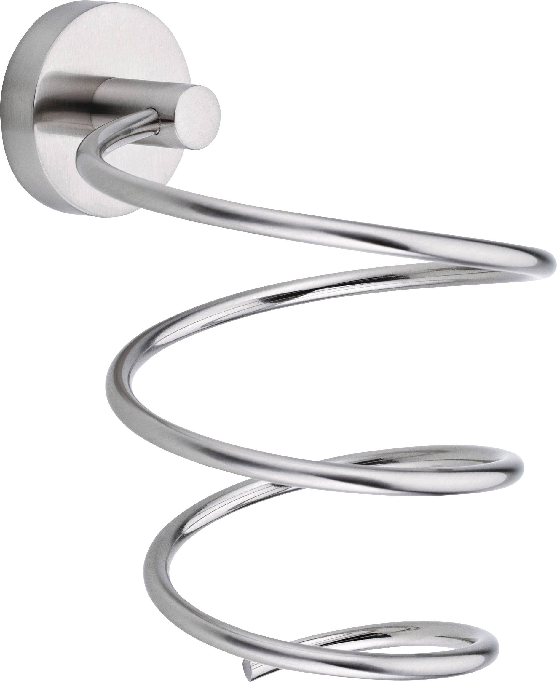Metallischer Wandhalter in Spiralform zur Aufbewahrung eines Haartrockners.