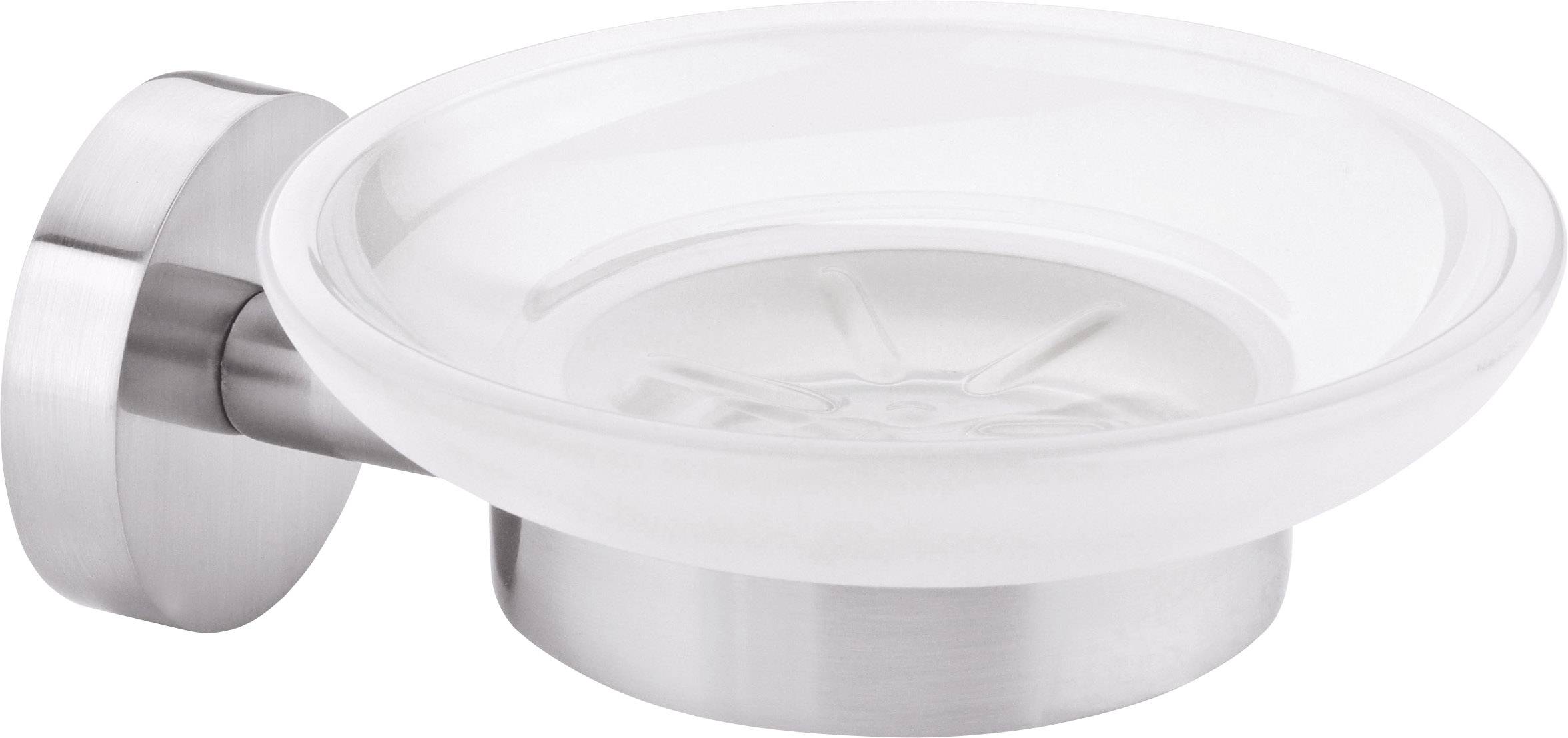 Eine Wand-Seifenschale aus mattem Metall und transparentem Glas, modern gestaltet für Badezimmer-Einrichtung.