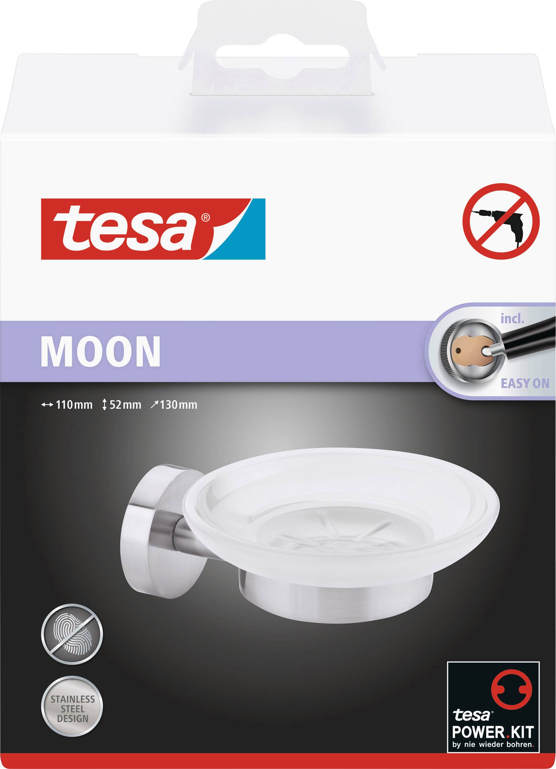 tesa Seifenschale 'MOON', Edelstahloptik, einfache Montage ohne Bohren, beinhaltet tesa Power Kit für Befestigung.