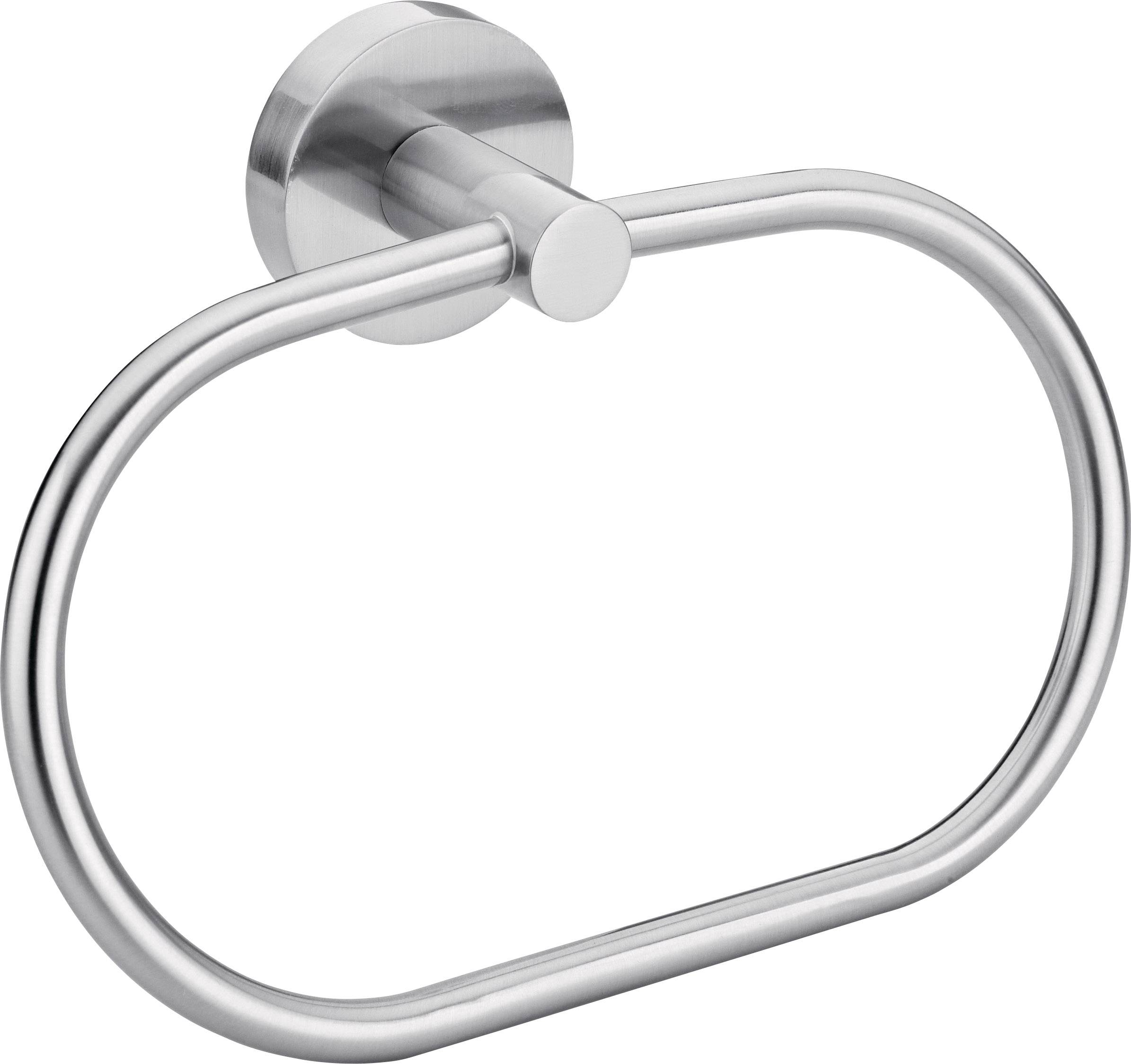 Ein ovaler, silberner Handtuchhalter aus Metall, an einer Wand montiert.