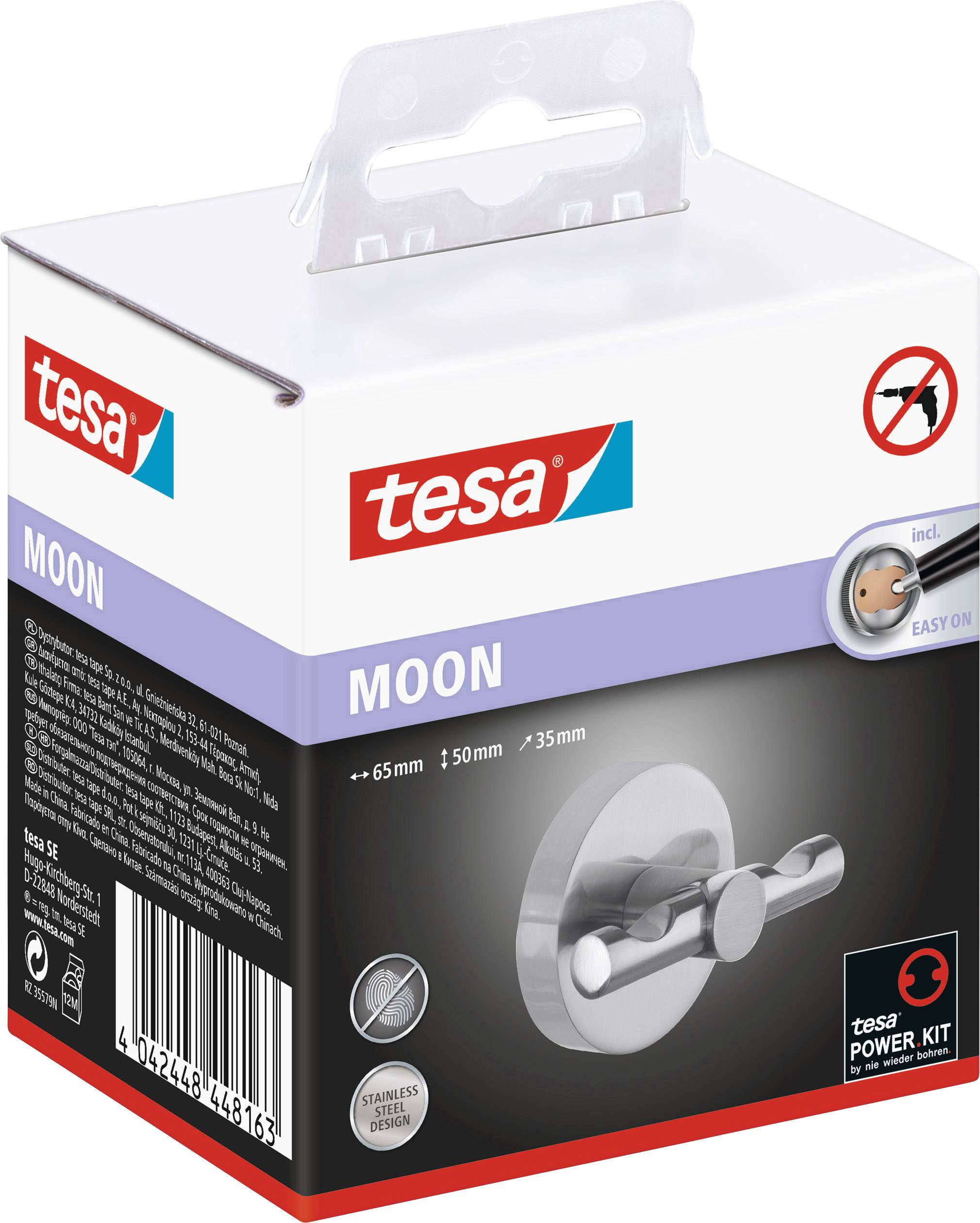 Verpackung einer Tesa WC-Rosette 'Moon' aus Edelstahl für Türmontage. Enthält einfache Anleitung zur werkzeuglosen Befestigung.