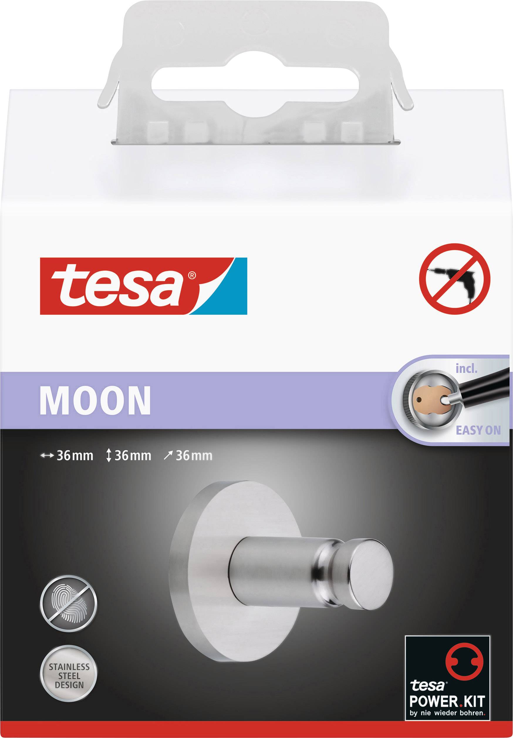 Verpackung einer Wandhaken-Montage mit Tesa-Logo, Modell 'Moon', 36mm Edelstahl-Haken, bebilderte Montageanleitung enthalten.