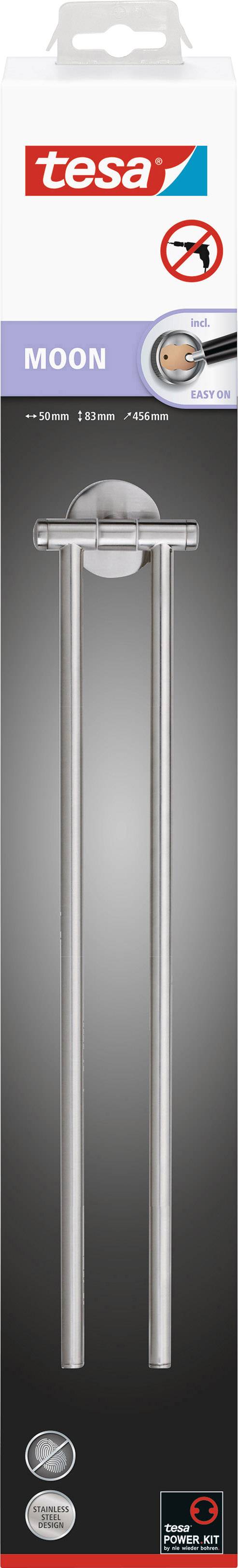 Verpackung von einem Tesa Handtuchhalter 'Moon', Edelstahl Look, selbstklebend mit abnehmbarer Halterung, geeignet für Badezimmer.