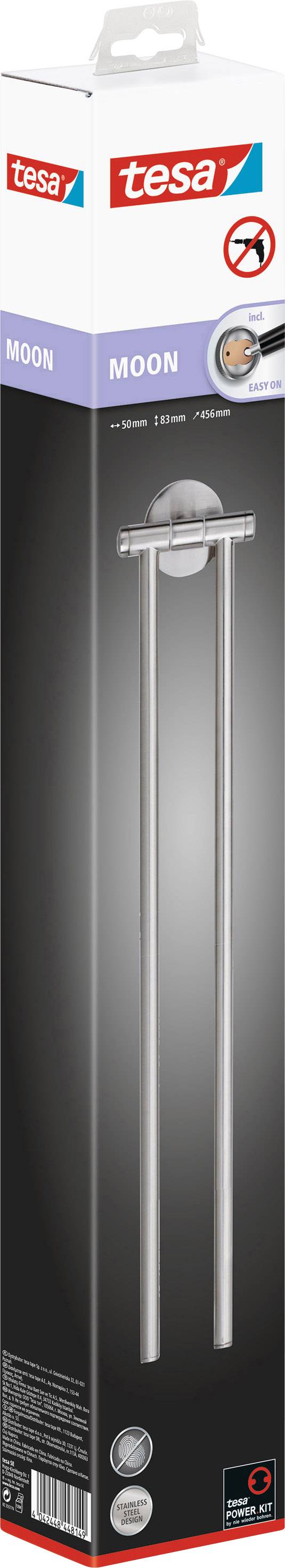 Verpackung eines Handtuchhalters der Marke Tesa, Modell 'Moon', mit selbstklebender Befestigung ohne Bohren, abgebildet.