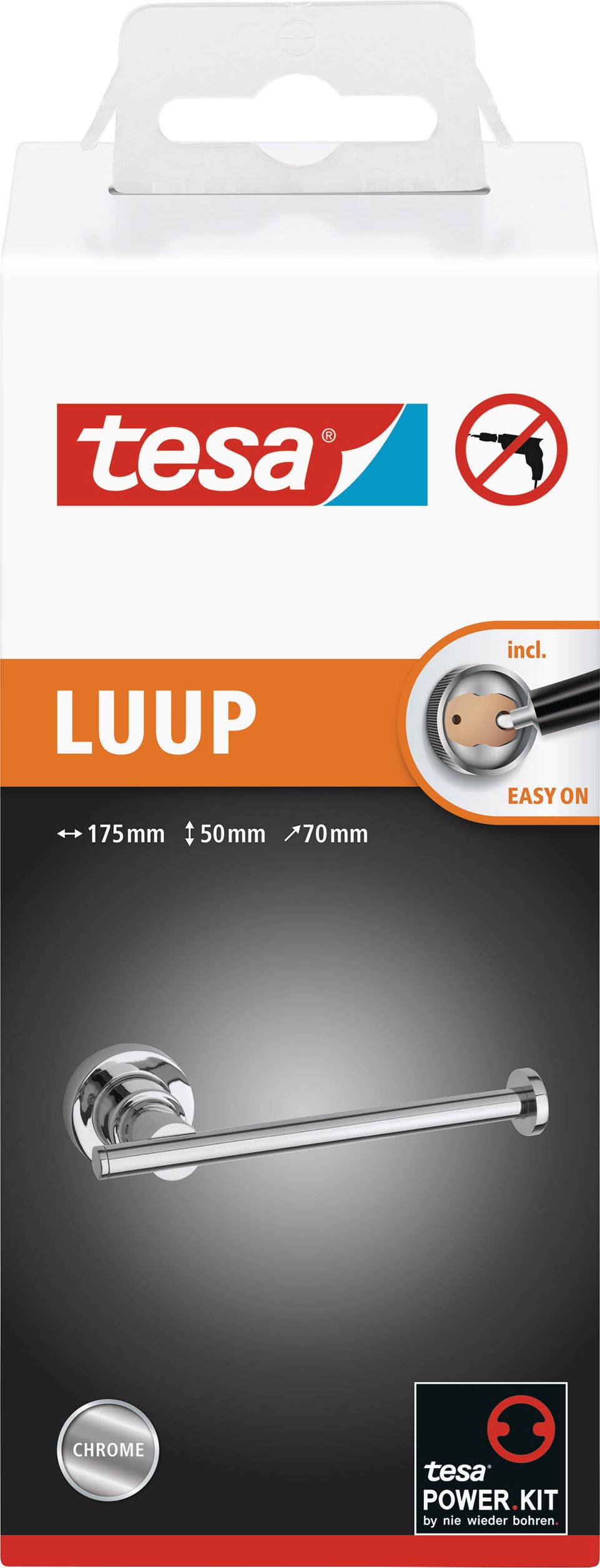Verpackung eines tesa LUUP Handtuchhalters; oben tesa Logo, unten Bild des chromfarbenen Halters, Maße: 175mm Breite.