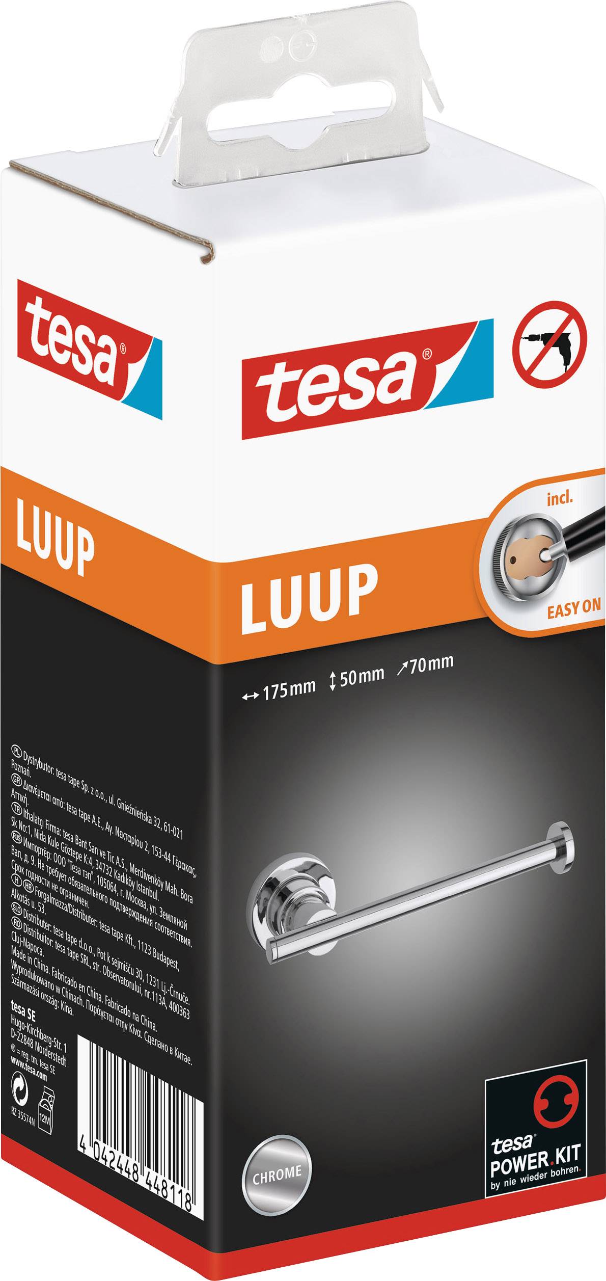 Verpackung für Tesa LUUP, ein silberner Handtuchhalter. Abgebildet sind Produktdetails und Hinweise zur einfachen Montage ohne Bohren.