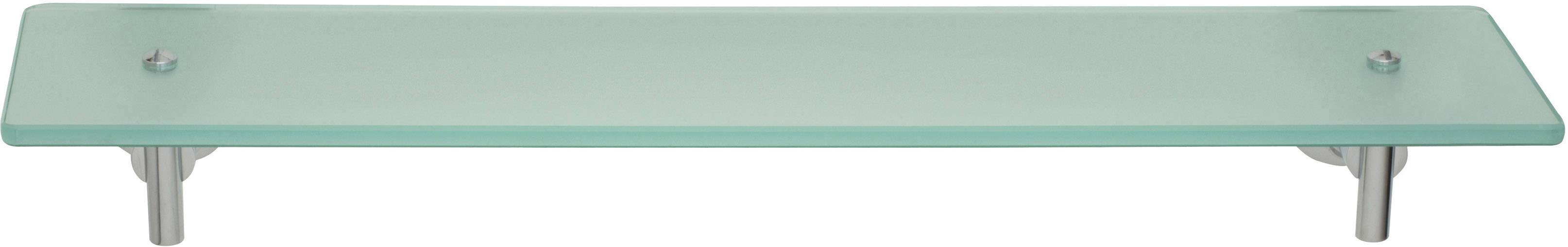 Glasregal mit Metallhalterungen, minimalistisch gestaltet.