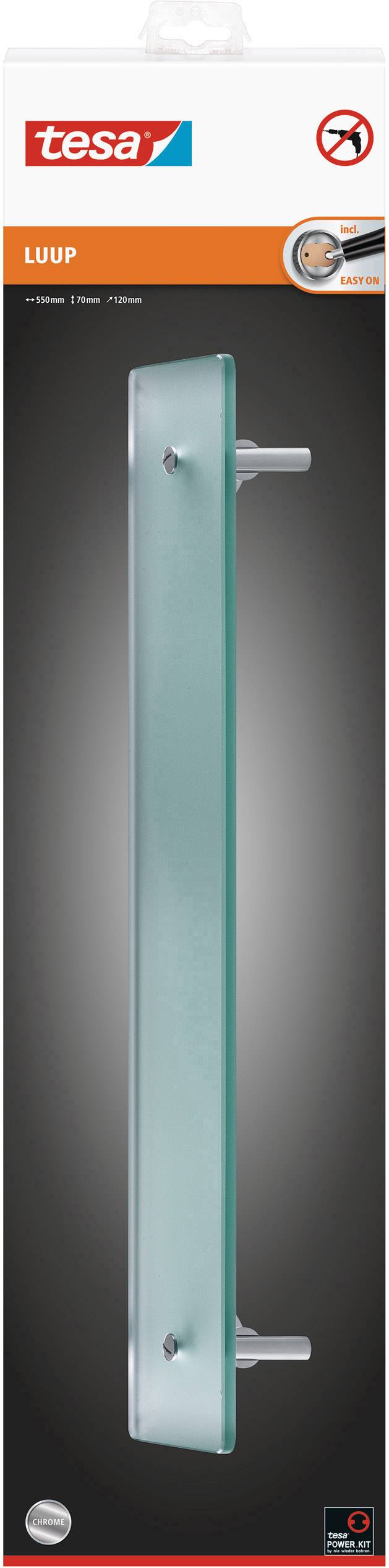 Verpackung eines selbstklebenden Wandhakens von Tesa, Modell 'Lup', mit einer Metalloptik und Bohrverbot-Symbol.