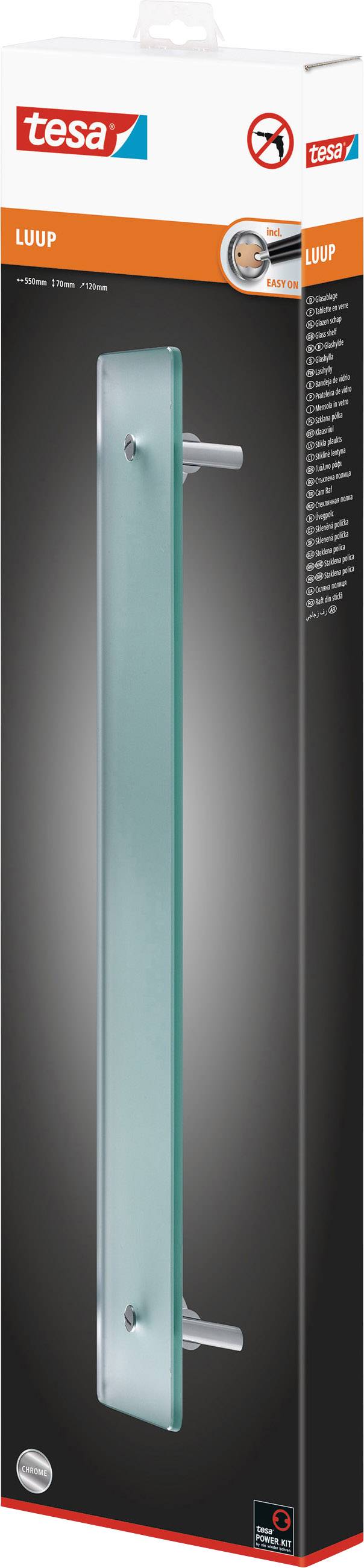 Verpackung eines tesa LUUP Handtuchhalters mit verdecktem Halter, silberfarben, stilvolle Glasplatte, einfache Montage ohne Bohren.