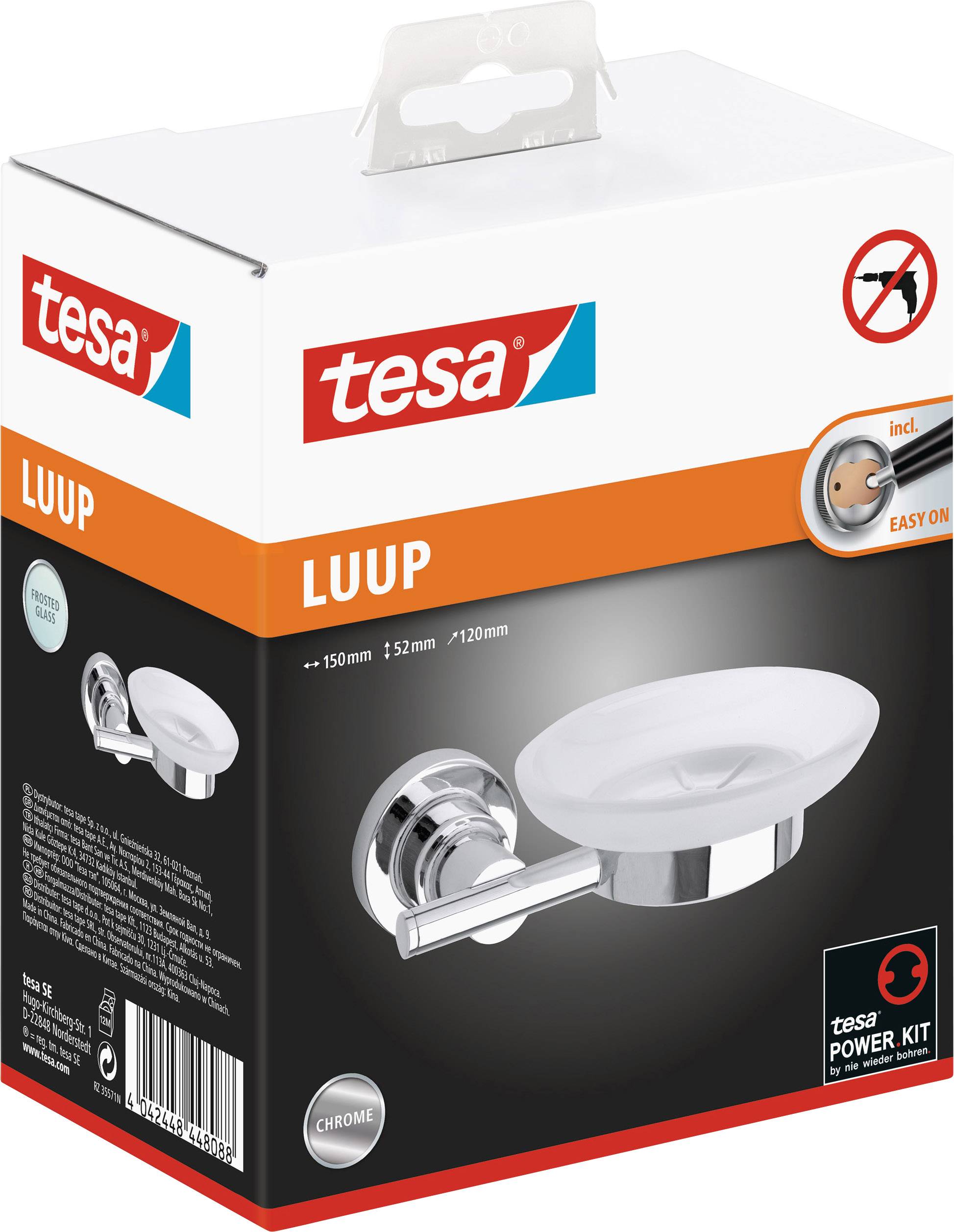 Wandhalterung 'tesa LUUP' aus Chrom mit integriertem Kleber-Set zur einfachen Befestigung, abgebildet auf der Verpackung.