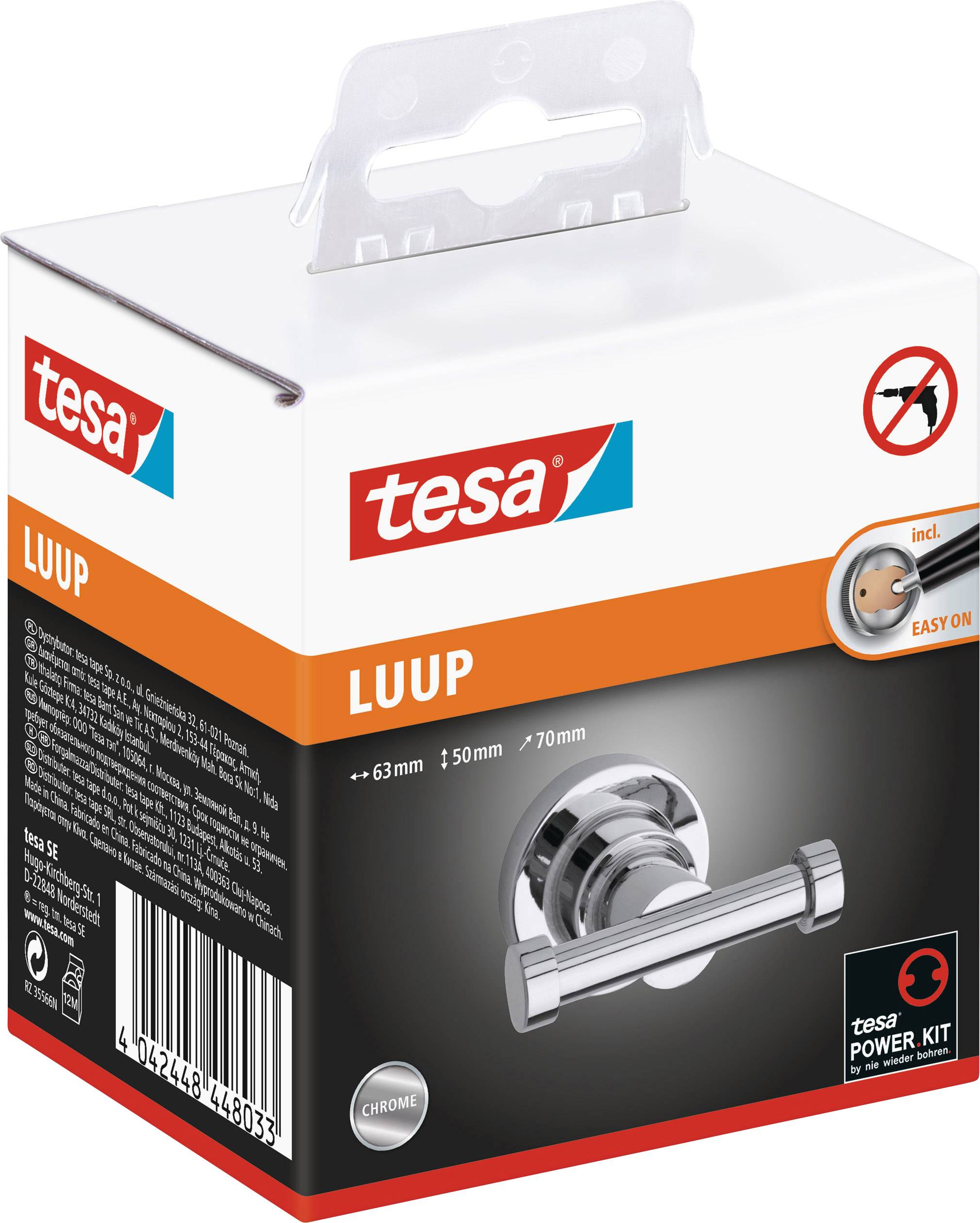 Türgriff-Set der Marke tesa, Modell 'LUUP', mit Easy-On-Technologie, in Chrom. Verpackung zeigt Installationshinweis.
